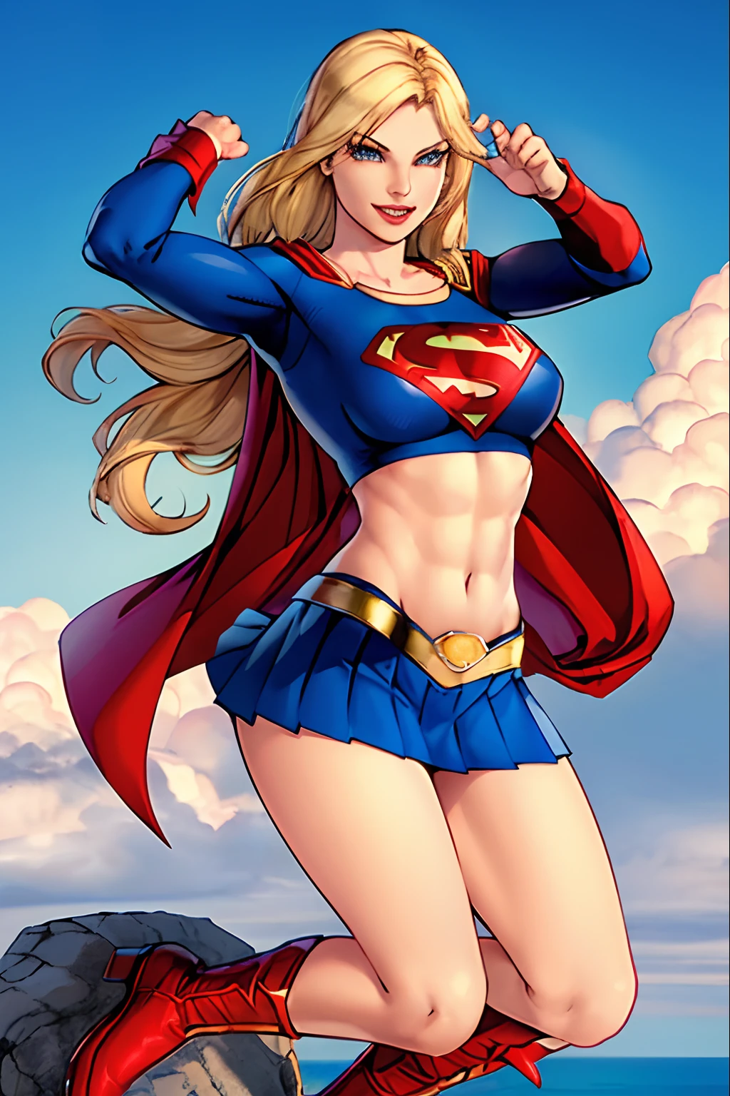 jim lee,
1girl, supergirl, sky, abs, arms up, belt, belt buckle, blonde hair, blue eyes, blue skirt, boots, breasts, buckle, cape, crop top, day, emblem, eyelashes, flying, gold belt, gold trim, impossible clothes, impossible shirt, large breasts, long hair, long sleeves, looking at viewer, microskirt, midriff, navel, nose, outdoors, parted lips, pleated skirt, red cape, red footwear, rock, shadow, shirt, skirt, smile, solo, superhero, toned, watermark, yellow belt
, ((masterpiece))