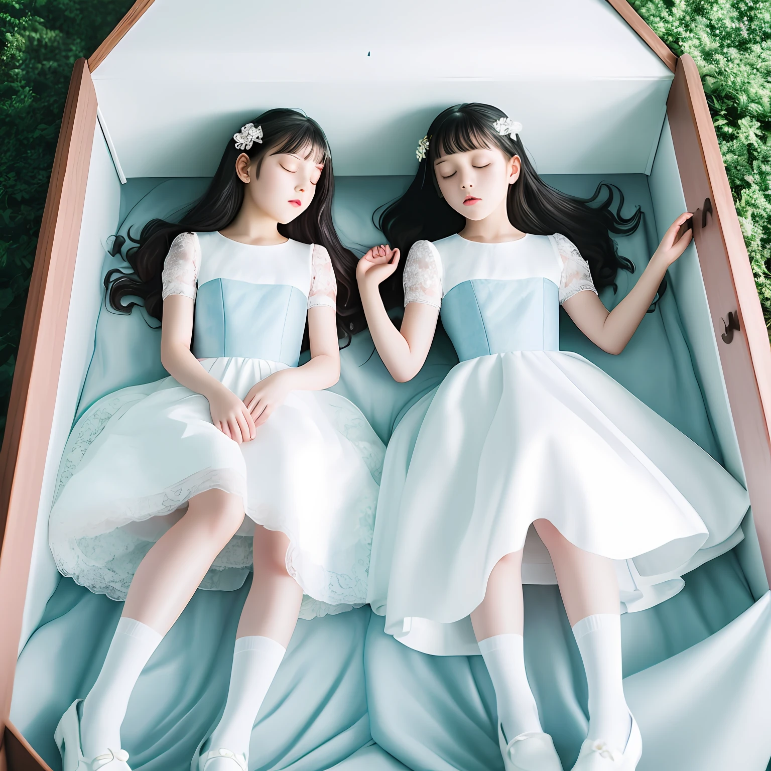 Beautiful twin sisters sleeping in a coffin,White dress,White cotton socks,The older sister wears Blue Mary Jane shoes,The younger sister wears pink Mary Jane shoes,Real Human,serene,florals,Royal sister