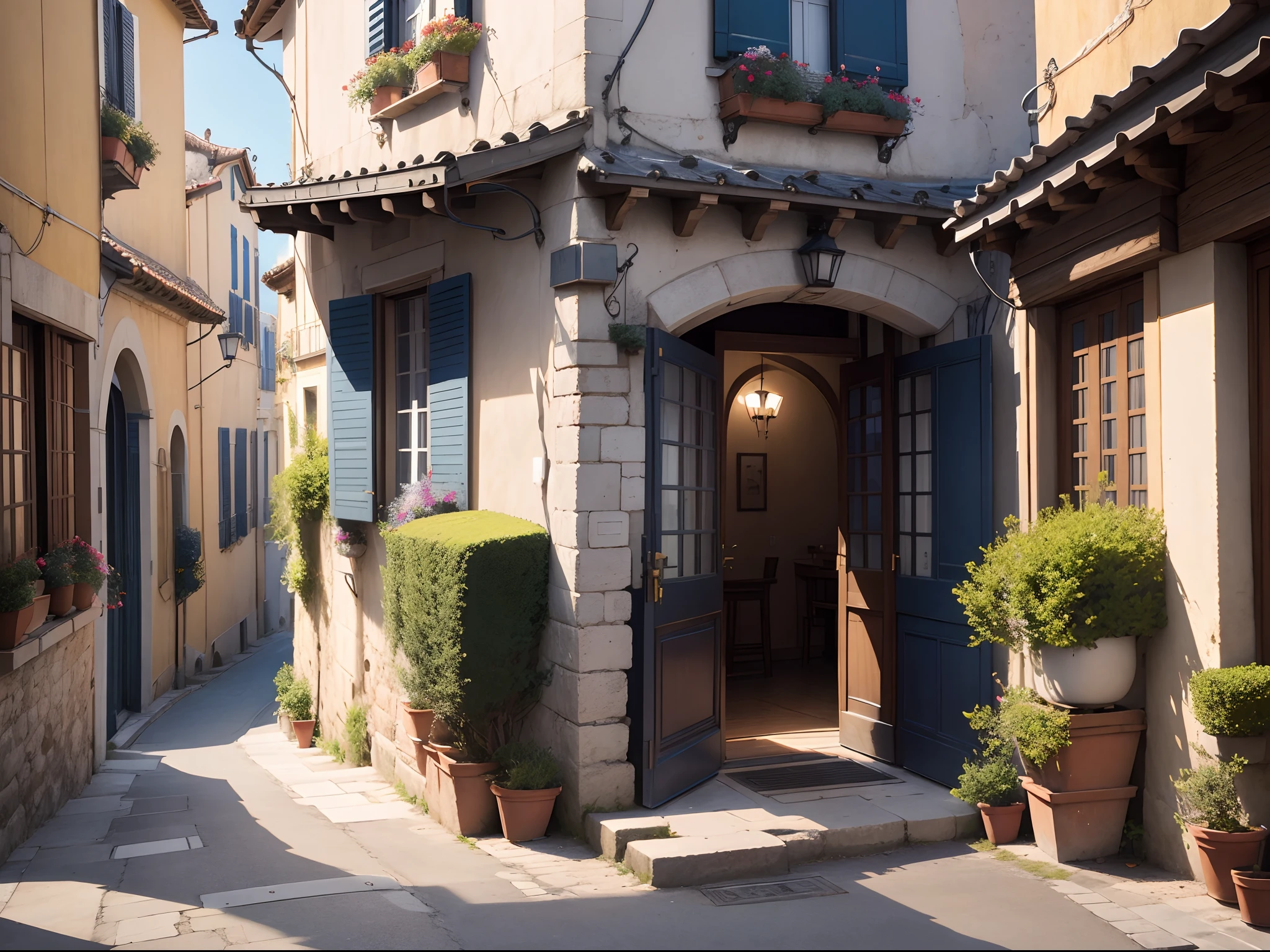 ,by Raphaël Collin, French architecture, Exterior of French Village, Large windows to Frenchtown, Blue shutters on windows, by Etienne Delessert, un restaurant avec une terrasse, Style Directory, pub, lourmarin, by Valéria Dénes, Richmond Warte, 真实感、unmanned、leisure、Silence、animesque、Anime Background、Guibli、Italy、Spain,No humans、The roads are a mess、Dry Town