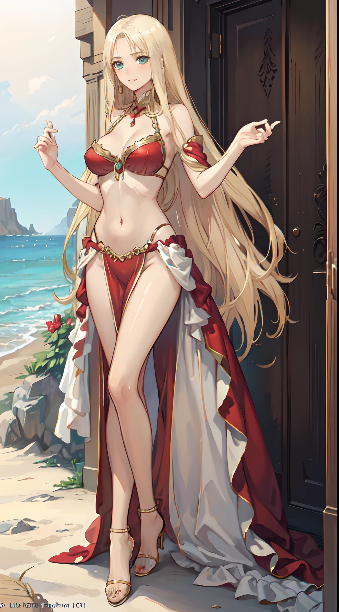 blonde hair, long hair, green eyes, with slender legs and an enticing beach pose, wearing a elegant red gown that shows off her navel, resembling an Arabian belly dancer. She has a short trimmed skirt and her flowing blonde hair is styled in a side ponytail. Her captivating blue eyes exude happiness, while her outfit highlights her alluring cleavage, happy