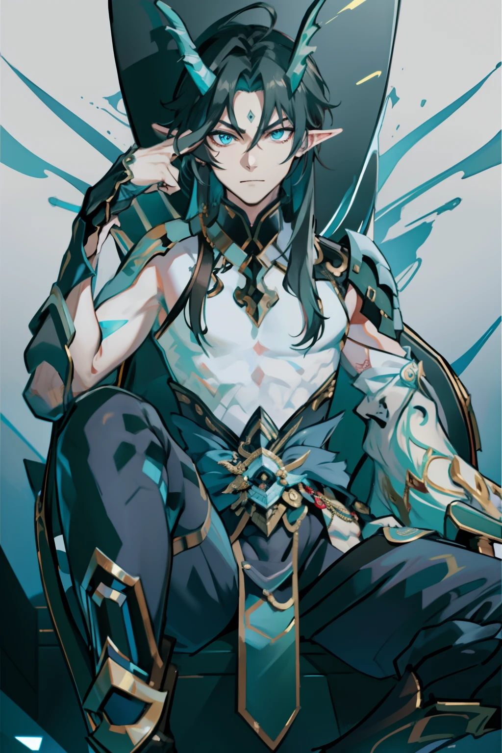 (absurderes,A high resolution,Hyper-detailing,hdr),Dragon's horn,gold eyes,younge boy,tmasterpiece,best qualtiy,1人,独奏,Handsome,Fine eyes and detailed face,toppless,Tattooed with,arma,seated on a throne,pervert smirk,Abs,chest muscle,Raised sexy,Ruffian,Show your temperament,Male,masculine appeal,Male characteristics are distinct,Long messy hair,Arrogant self-confidence,Sitting majestically on the throne,Legs crossed