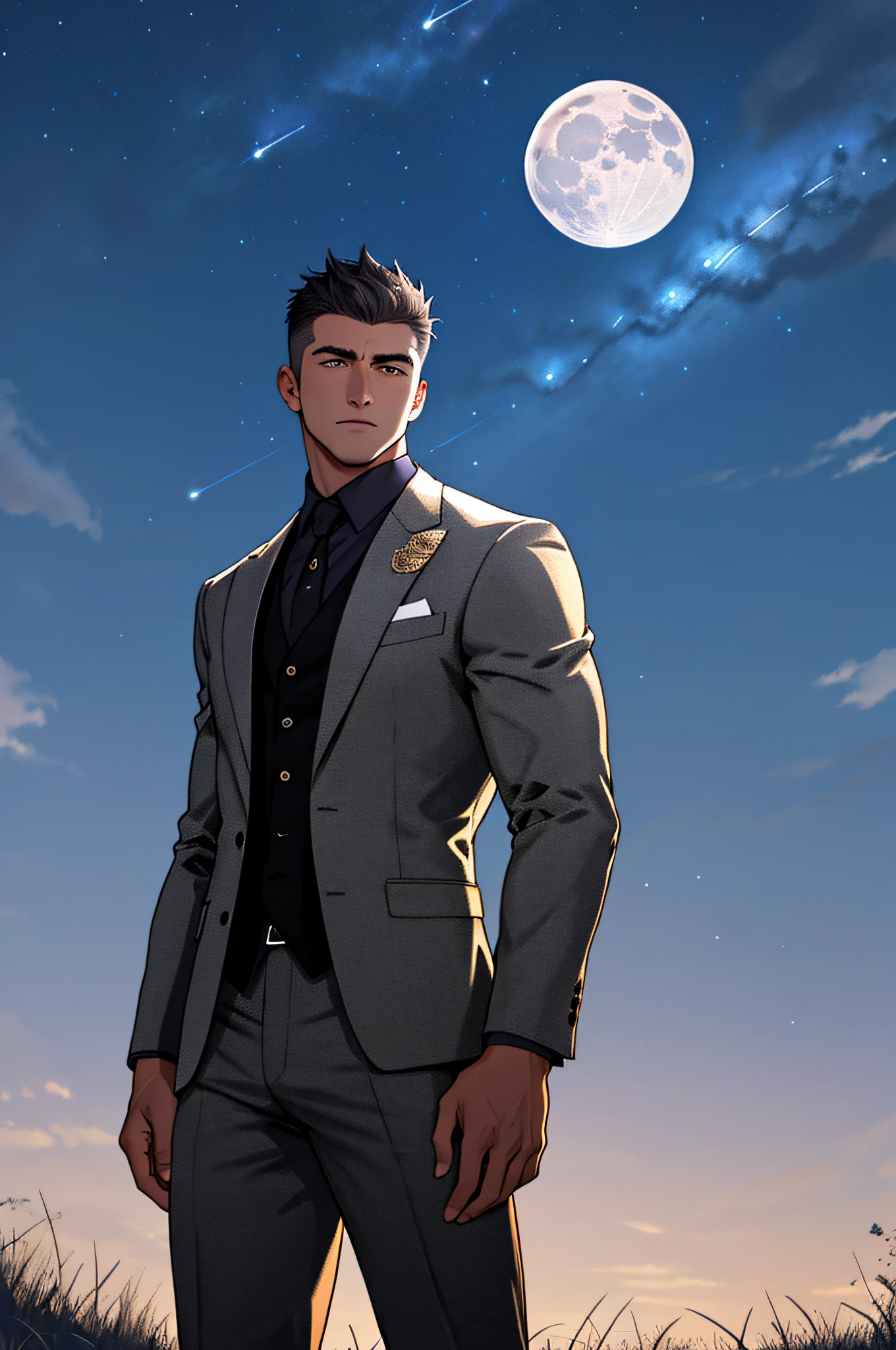 Draw a full-fledged footballer，Standing on the steppe at night，He wears a fancy suit，The man looks confident and determined，looking-down，Crew cut，full bodyesbian，Stars dot the sky，shooting from below，Big moon highlights background