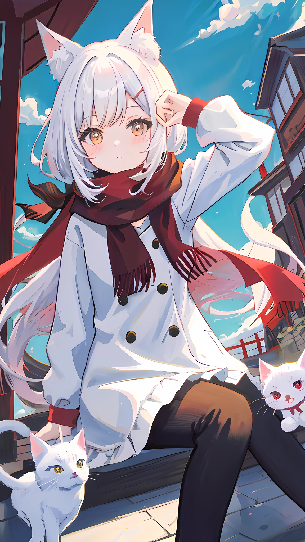 whaite hair+Red scarf+Cat girl anime illustration,Cute anime girl、cat woman,Cute and cute,Chill,White cat girl,Pastel illustration,Cute girl portrait,White-haired fox,anime illustration。