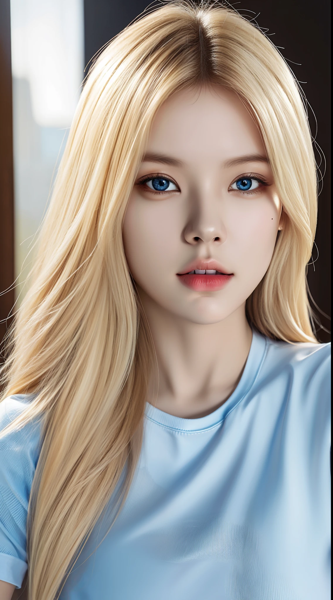 (hyperrealistic), (illustration), (high resolution), (8K), (extremely detailed), (best illustration), (beautiful detailed eyes), (best quality), (ultra-detailed), (masterpiece), (wallpaper), (photorealistic:1.4), (natural light), (rim lighting), (detailed face), high detailed realistic asian skin texture, anatomically correct, solo, 1 girl, (high detailed realistic long blonde hair:1.3), heterochromic eyes, (detailed blue eyes), small moles under the eyes, (realistic big breasts:1.5), long legs, tight abs, dynamic pose, white tight t-shirt, (upon body from head to thighs:1.4)