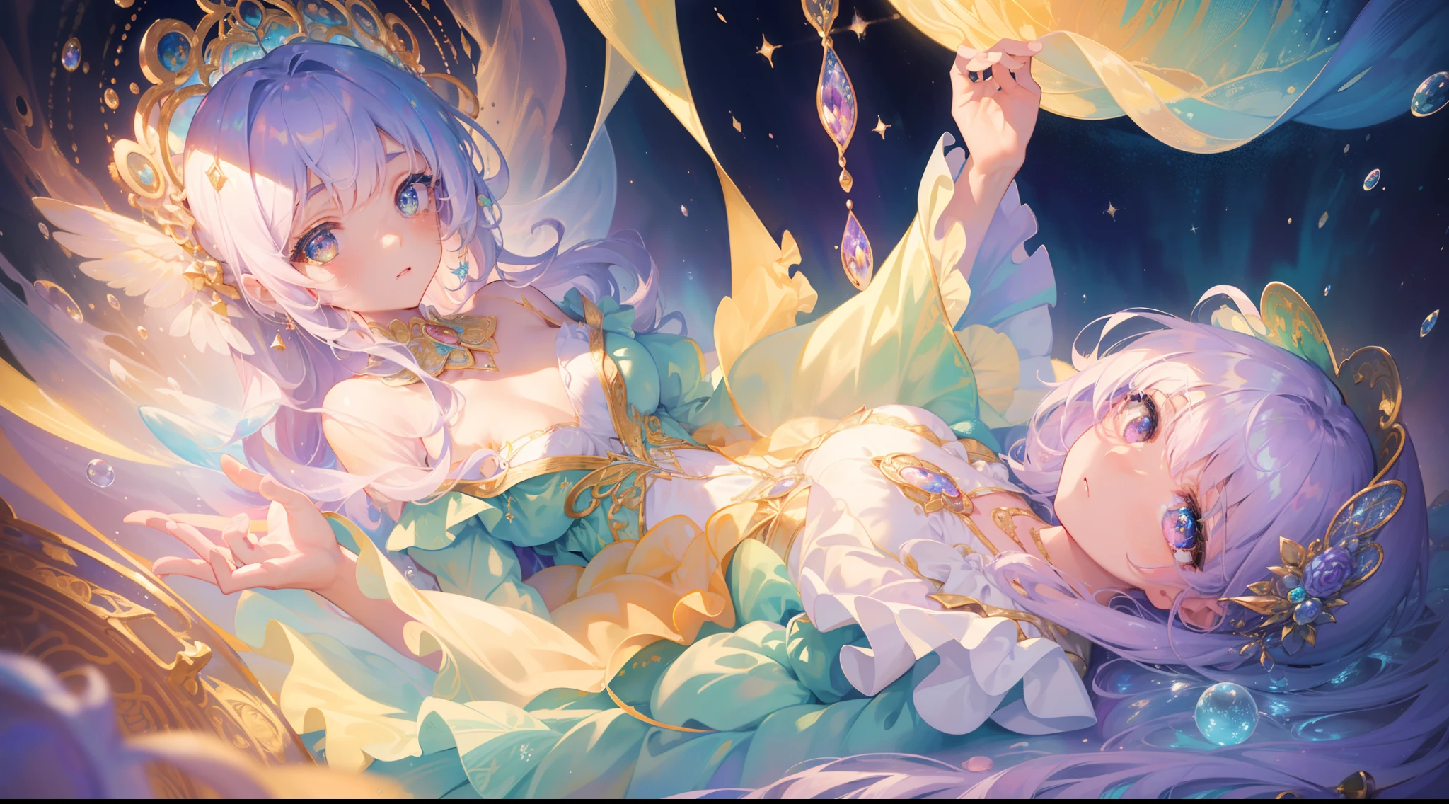 masterpiece, best quality, 8k resolution, sharp focus, intricate detail, beautiful girl, sparkling eyes, golden ratio face, otherworldly liquid, watercolor, pastel colors, bright colors, whimsical, colorful, sharp focus, high resolution, fine detail, ((layered tiered puffy long sleeves ballgown)), ((round eyes)), iridescent bubbles, fantasia background