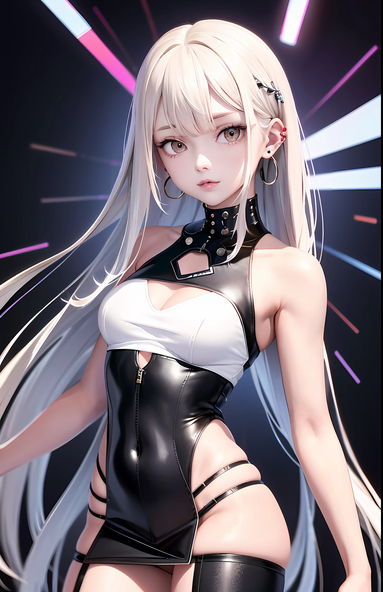optimum，tmasterpiece，A high resolution，best qualtiy，hyper HD，super detailing，Award-Awarded，16k，独奏，（The upper part of the body），anatomy correct，Beautiful cyberpunk girl，Ex Machina，cute  face，high light，Gradient Beige Hair，Hairline，（（Scarlet eyes）），long eyelasher，Hanging eye corners，White skin of the，（small boobs），（Slim body），（（unbuttoned_white_shirt）），（（high-waist_Skirt）），（），ear studs，（neck rings），（Laser material clothing：1.2）