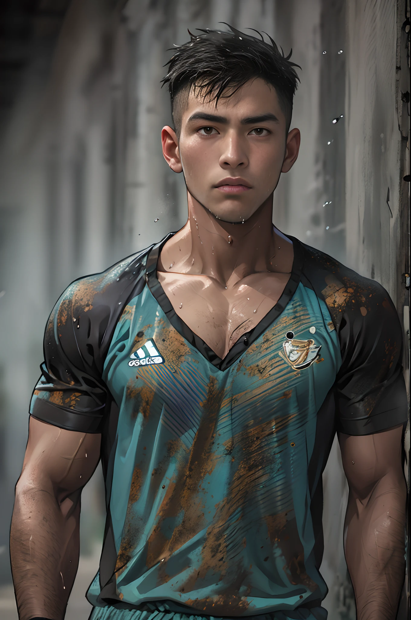 （（（1人））），serius face，Malayan，musculous，Naked upper body，（with brown eye），track suit，（Skinny sweatshirt），Handsome，athlete，dyna，（sfv），（soccer player），（Run muddy over the fields），（grimy），（Body sweating），（Clay on cloth），Wet socks，Rained，stadio，（The cloudy），（Complicated details，tmasterpiece，high high quality，best qualtiy，realisticlying），（Muscle bear：0.25），realisticlying，8K  UHD，DLSR，cinmatic lighting，dynamicposes，Exact proportions，Warm natural light， naturalshadow，