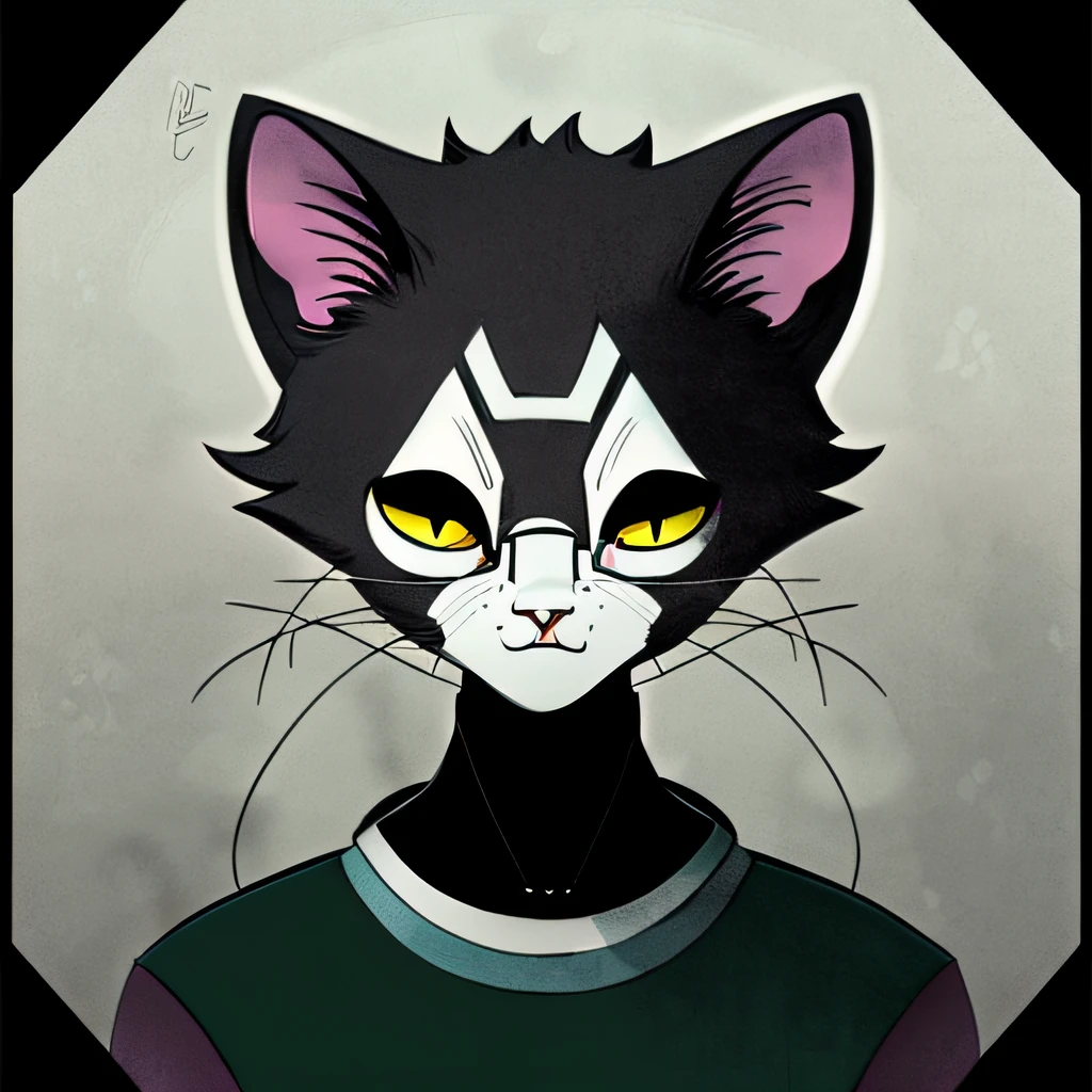 A cat , Dark gray hair, ComplexLA style, nvinkpunk, marioalberti artstyle, ghibli style