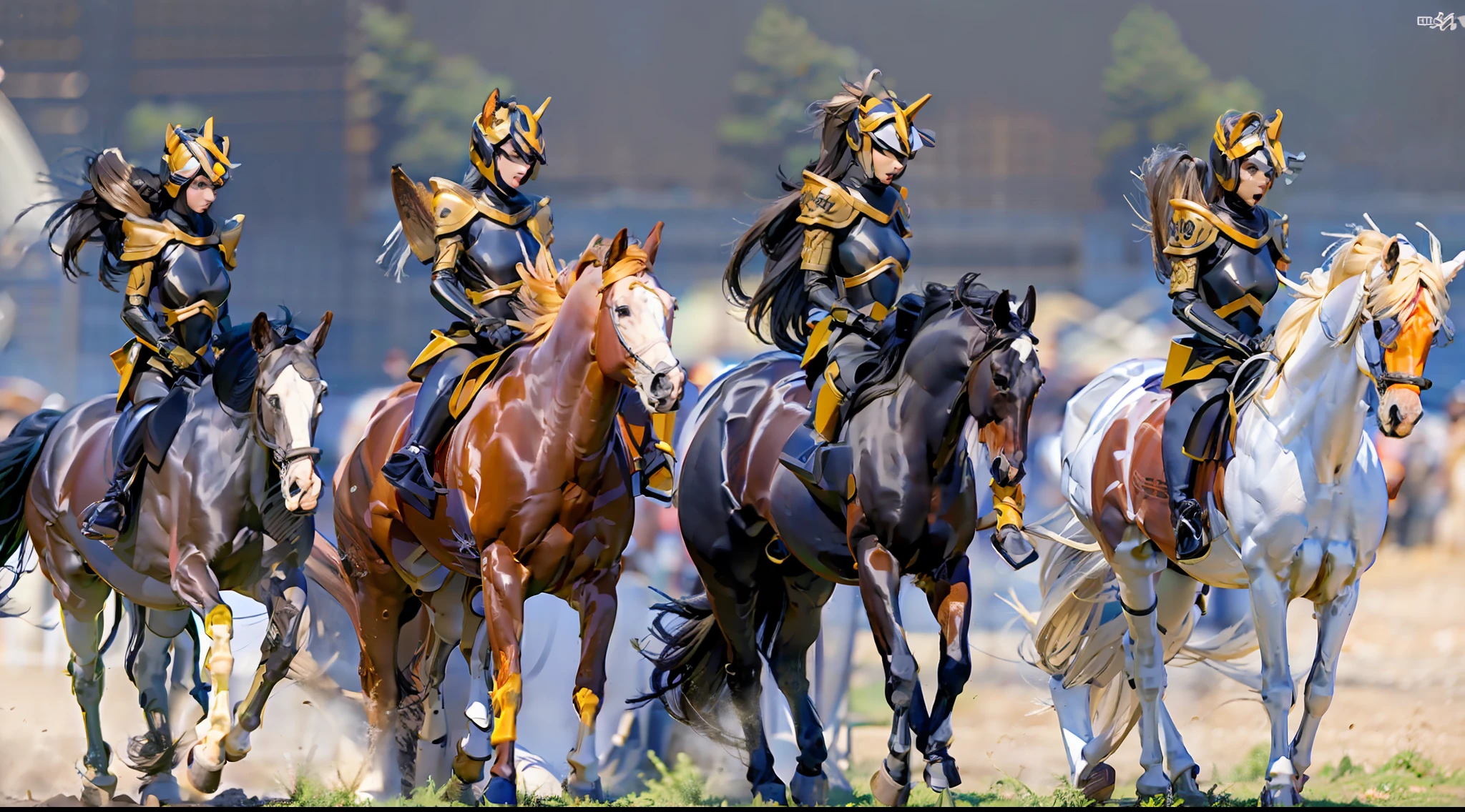8 horses,Ultra-grand scenes,super wide shot,1#cavalos,2#cavalos,3#cavalos,4#cavalos,5#cavalos,6#cavalos,7#cavalos,8#cavalos。Eight extremely special and rare horses surround each other,A large herd of horses galloped ahead,Gallop across the steppe like a clock。The vast plains of the epic scene are rich in aquatic plants,In the distance is the snow-capped summit of Mount Everest,Snow creek flows into the sea,At the other end is the magnificent giant city,The horse team entered and exited from the city gate。The Lightcast Pegasus from the Supreme Heaven has a rainbow aperture from the Supreme Heaven,She rides between light and pure,No additional ornaments are needed to highlight her dignity and holiness,Even the sky showed her a clear sky,She has a deep enmity with the nightmare heavy ride from hell,The two never put their heads next to each other,Surrounded by sulphurous flames, the Hellmare Heavy Ride makes every time a horse's hooves fall, stepping flat grass out of the lava from the ground,The sky in the steppe is brighter,It makes the earth deeper。The wind wings of the wind elf horse let its position be erratic,She carries a cyan aperture lightly and always can't help but tease the mechanical horse,The mechanical horse is full of mecha beauty,The shoulder back position always reveals delicate mechanical fittings,Four kicks with a hydraulic pump and electromagnetic ejection device。Unicorns want to steal all horses from their pure and flawless beauty,But on the side, the fairy dragon horse is comparing with it,Their unique elven-patterned armor and colorful saddles make them the most stylish horses。The female knight is charging on her knightly warhorse,Her lofty ideals made her will unstoppable,There is no doubt that she is the protagonist of this picture。And a chaotic horse from uncharted territory,It blends in and has a weird style and chaotic colors that are almost unimaginable,This gives the whole picture an extremely dangerous uncertainty,The slightest mistake c