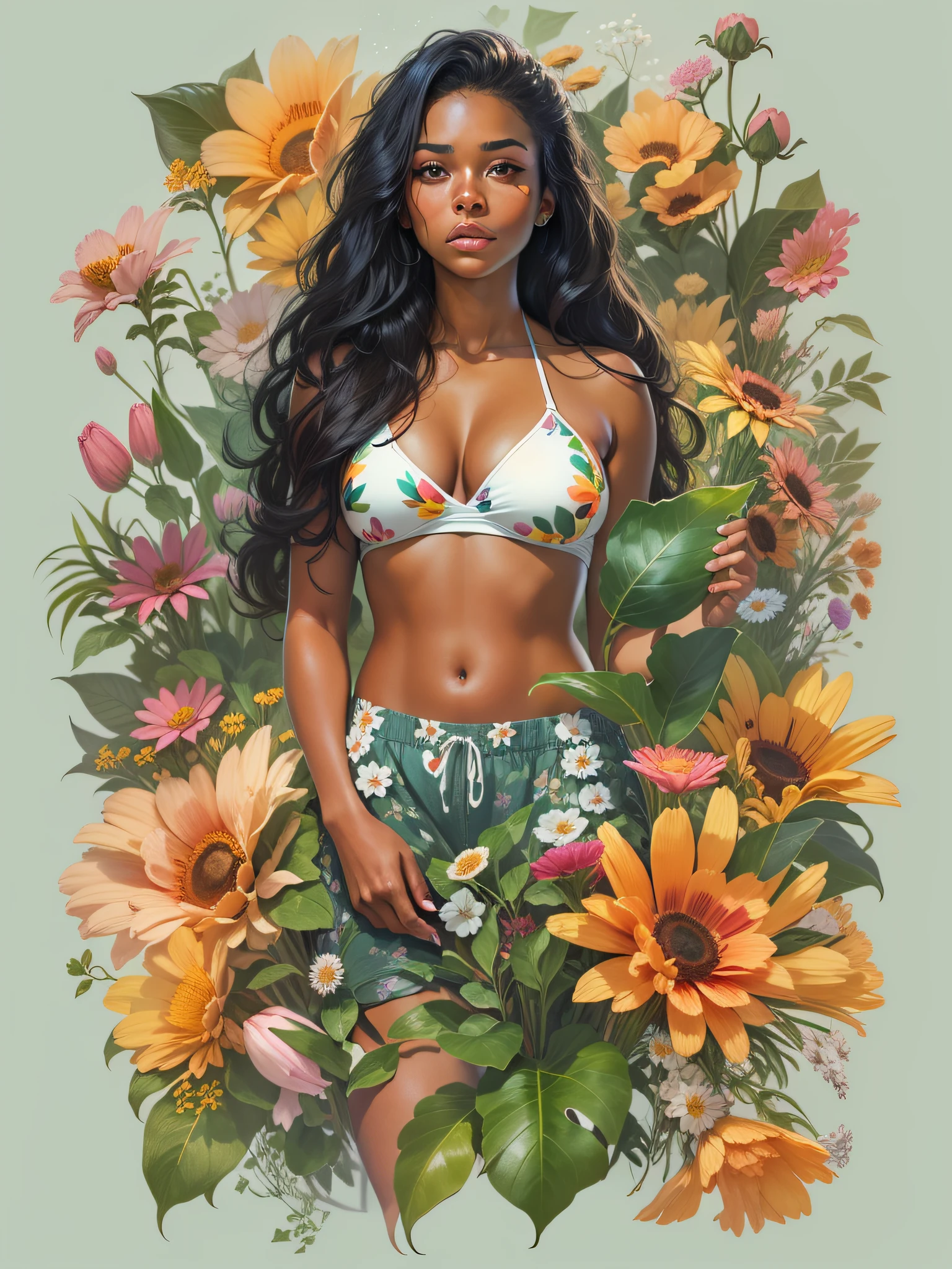 young Black woman, wearing bikini according to short flowers, with long black hair, surrounded by various flowers, realistic style image, surrounded by vibraprint ready vector T-shirt design, white background, side view, sticker, clean white background, professional vector, high detail, t-shirt design, vibrant.