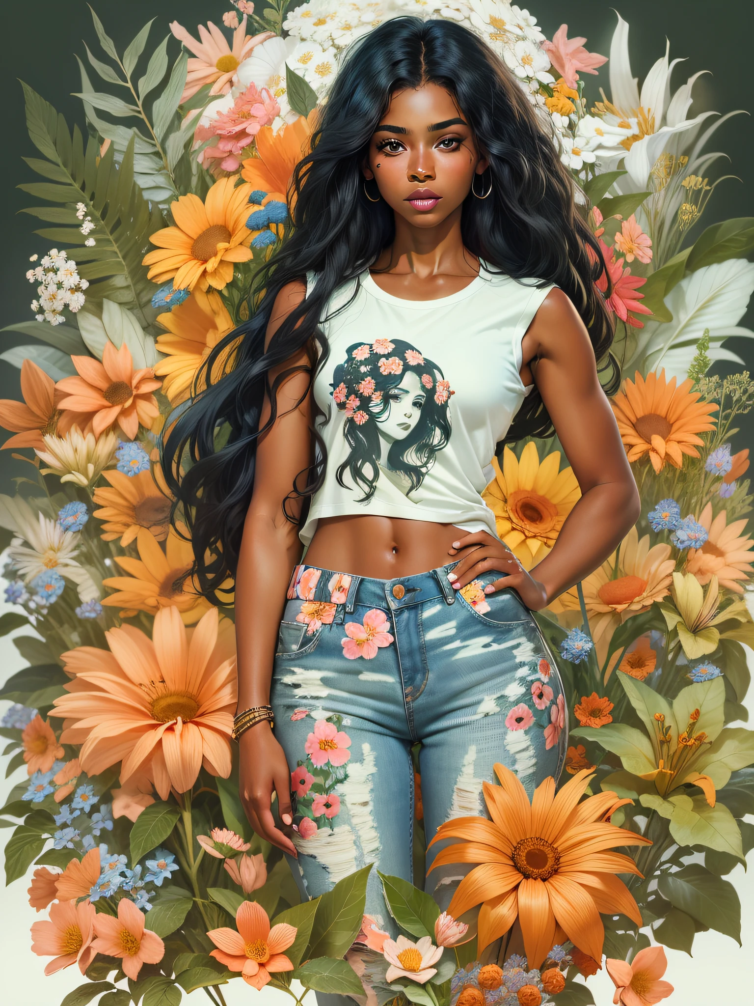 young Black woman, wearing bikini according to short flowers, with long black hair, surrounded by various flowers, realistic style image, surrounded by vibraprint ready vector T-shirt design, white background, side view, sticker, clean white background, professional vector, high detail, t-shirt design, vibrant.