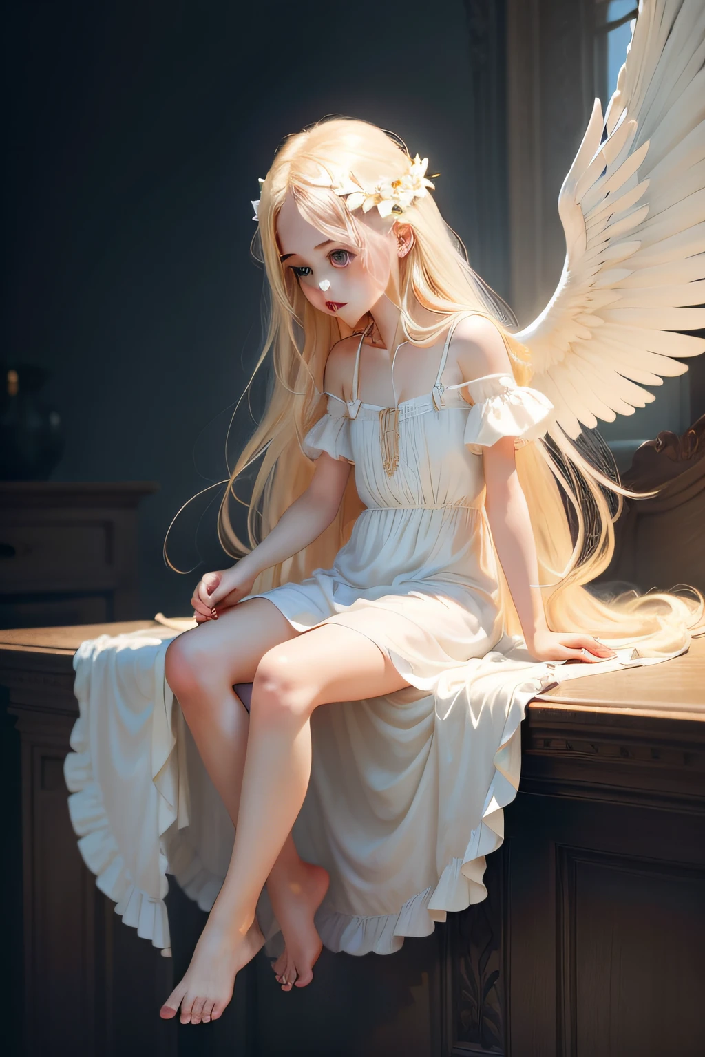 An angel with long blonde hair and blue eyes wearing a white slip dress, barefoot and wings flying in the air, caressing a  boy with long black hair