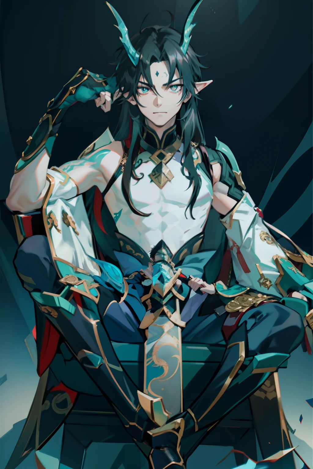 (absurderes,A high resolution,Hyper-detailing,hdr),Dragon's horn,gold eyes,younge boy,tmasterpiece,best qualtiy,1人,独奏,Handsome,Fine eyes and detailed face,toppless,Tattooed with,arma,seated on a throne,pervert smirk,Abs,chest muscle,Raised sexy,Ruffian,Show your temperament,Male,masculine appeal,Male characteristics are distinct,Long messy hair,Arrogant self-confidence,Sitting majestically on the throne,Legs crossed