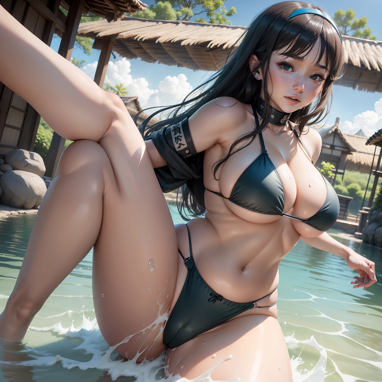 8K，realisticlying，k hd，Inside Konoha Village，Hinata Hinata wears Bikini and plays in the water，Huge breasts swing up and down，Intimate clothing at a glance