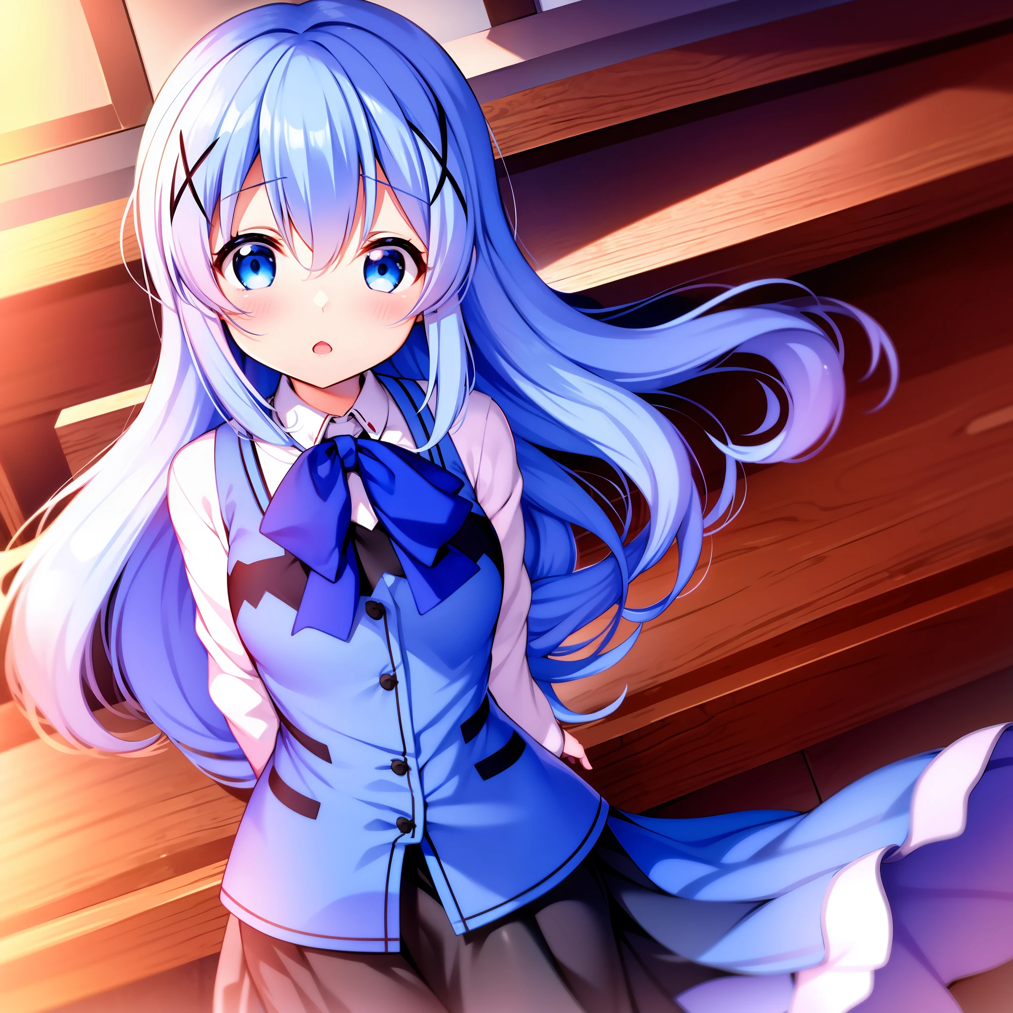 Is your order a rabbit?.Tomona Kaze.long hair.Blue eyes.light Blue hair.Face of sadness.Opening Mouth.large full breasts.up chest.Looking from the side.put hands on the hip.