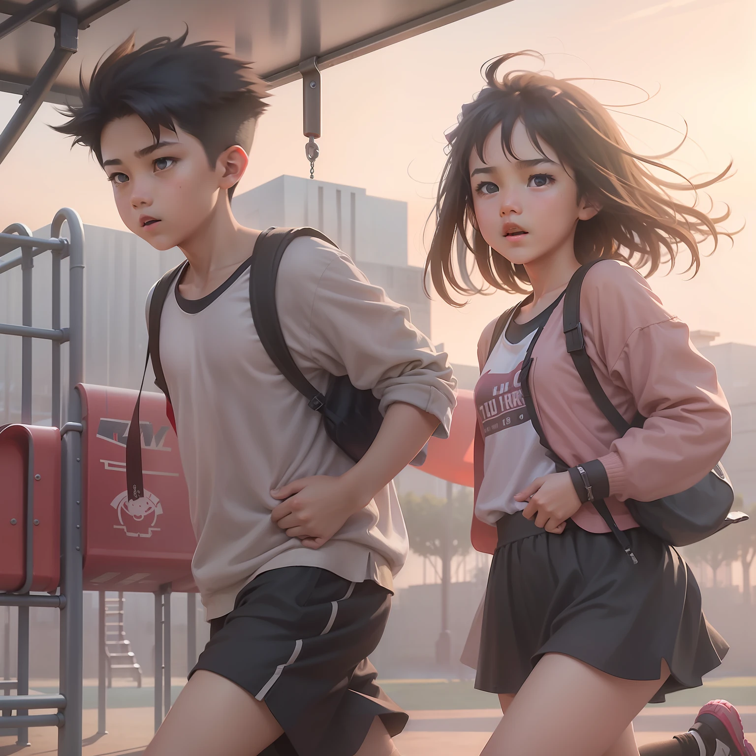 Two  students, a boy and a girl, run on the playground，tmasterpiece，8k，A high resolution，Highest texture， --v6