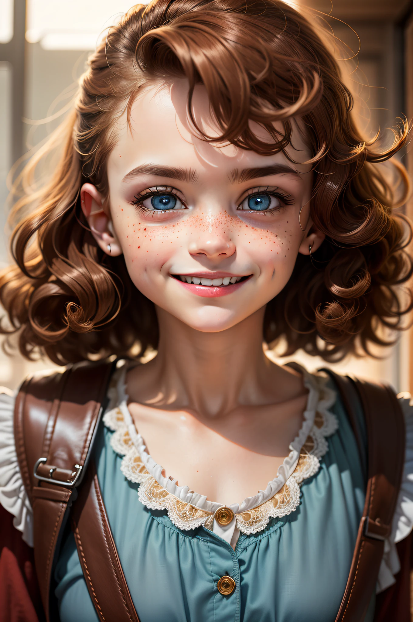 the universe of "stranger things" in the 80's and in "stranger things" style It generates an enchanting image of the protagonist Clara, a brave and curious 9-year-old girl who lives in the Enchanted Kingdom. She has an adorable and captivating appearance, with large and bright sky blue eyes, curly and golden hair that reflects the sunlight, and golden freckles that appear on her face when she comes into contact with the magic of the kingdom. s made of brown leather. Her gaze is mischievous and full of curiosity, reflecting her cheerful personality and determination in her adventures across the realm. Her predominant expression is happy, radiating joy and enthusiasm as she faces the challenges of the Realm of Light.