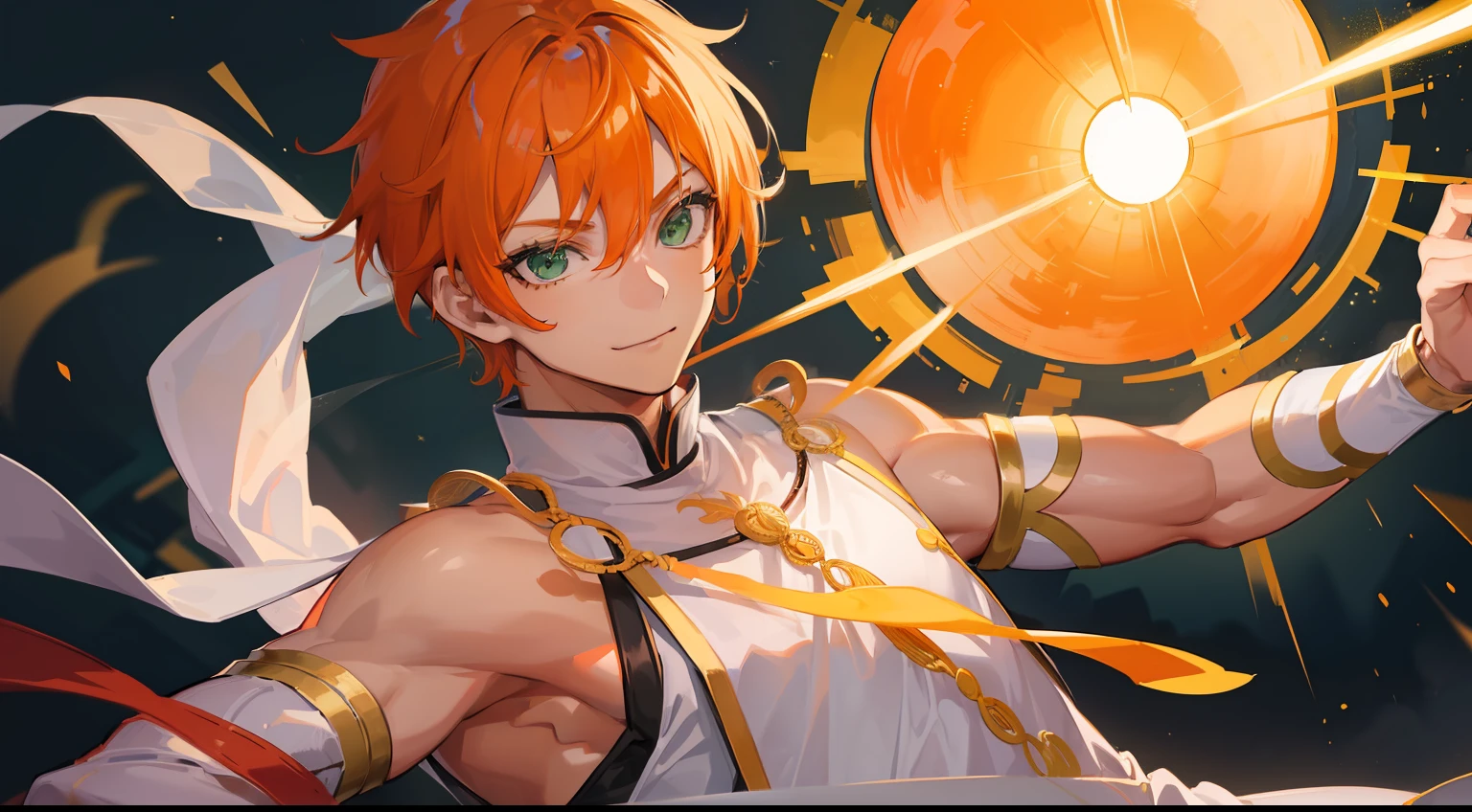 ((((One guy)))),Fighting、A smile,(((Guy))), (((man))), (((Man's))),(((masutepiece))), (((Beautiful lighting))),(((muscular))),(((man))),),(((Green eyes))),(((Orange hair))), Male face,male eyebrows, Male Eyes, Eyelashes, Medium Hair,Beautiful face, v shaped_eyebrow,White skin,Transparent wings,Chinese_Clothes,(((Black clothes,)))garters_lanyard, See-through,The light of the Buddha shines, holy,