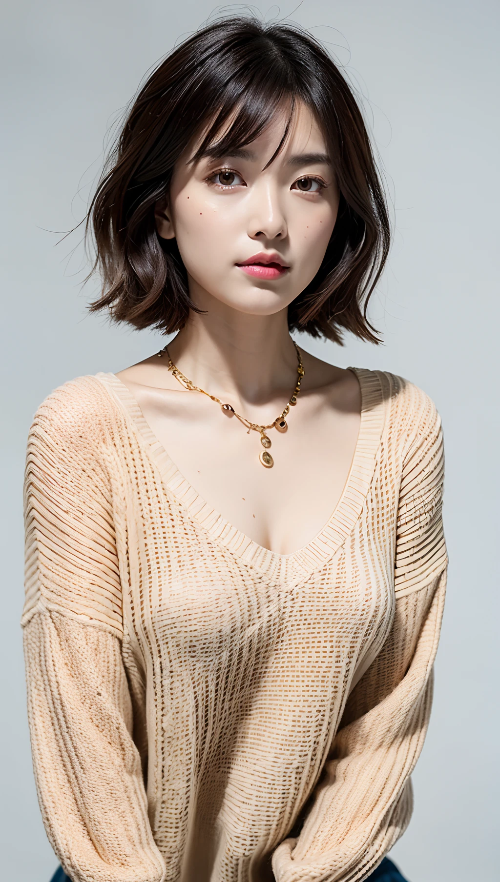 (Best quality, 8k, 32k, Masterpiece, UHD:1.2),Photo of Pretty Japanese woman, large breasts, very short bob hair,upper body,face focus,oversized_sweater, necklace, simple background, from above, looking at viewer,