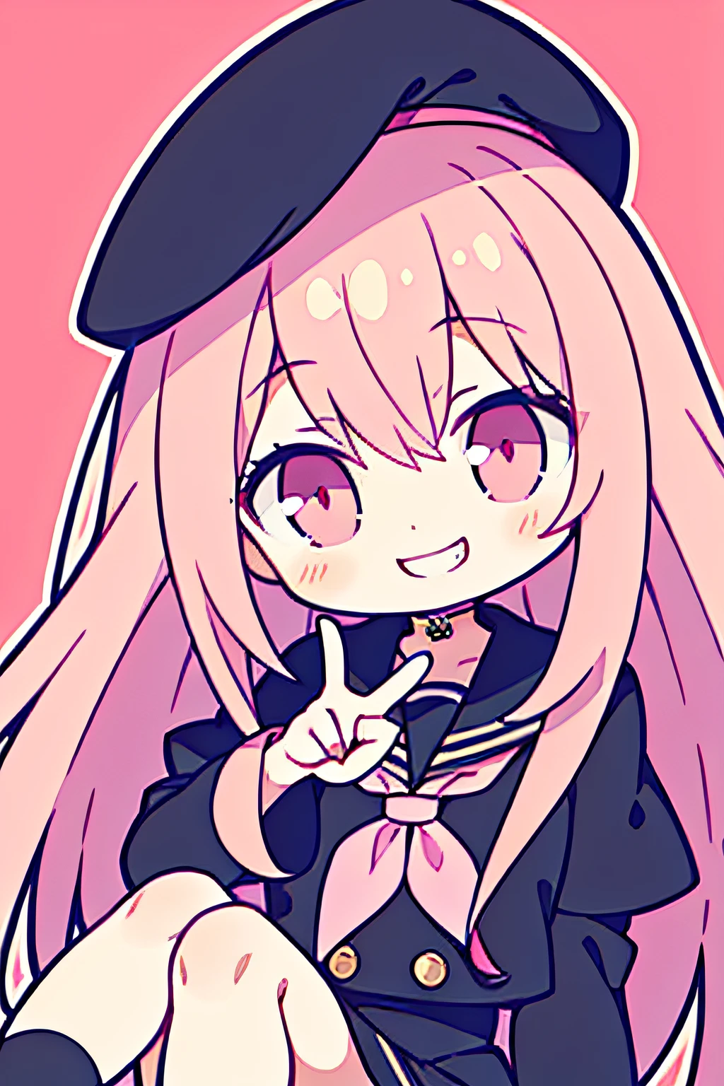 masterpiece, high quality, dreamy, A beautiful girl, anime style girl, pink eyes, long pink hair, straight hair, wearing black sailor uniform, smiling, Making a V sign with hands, jumping, bright