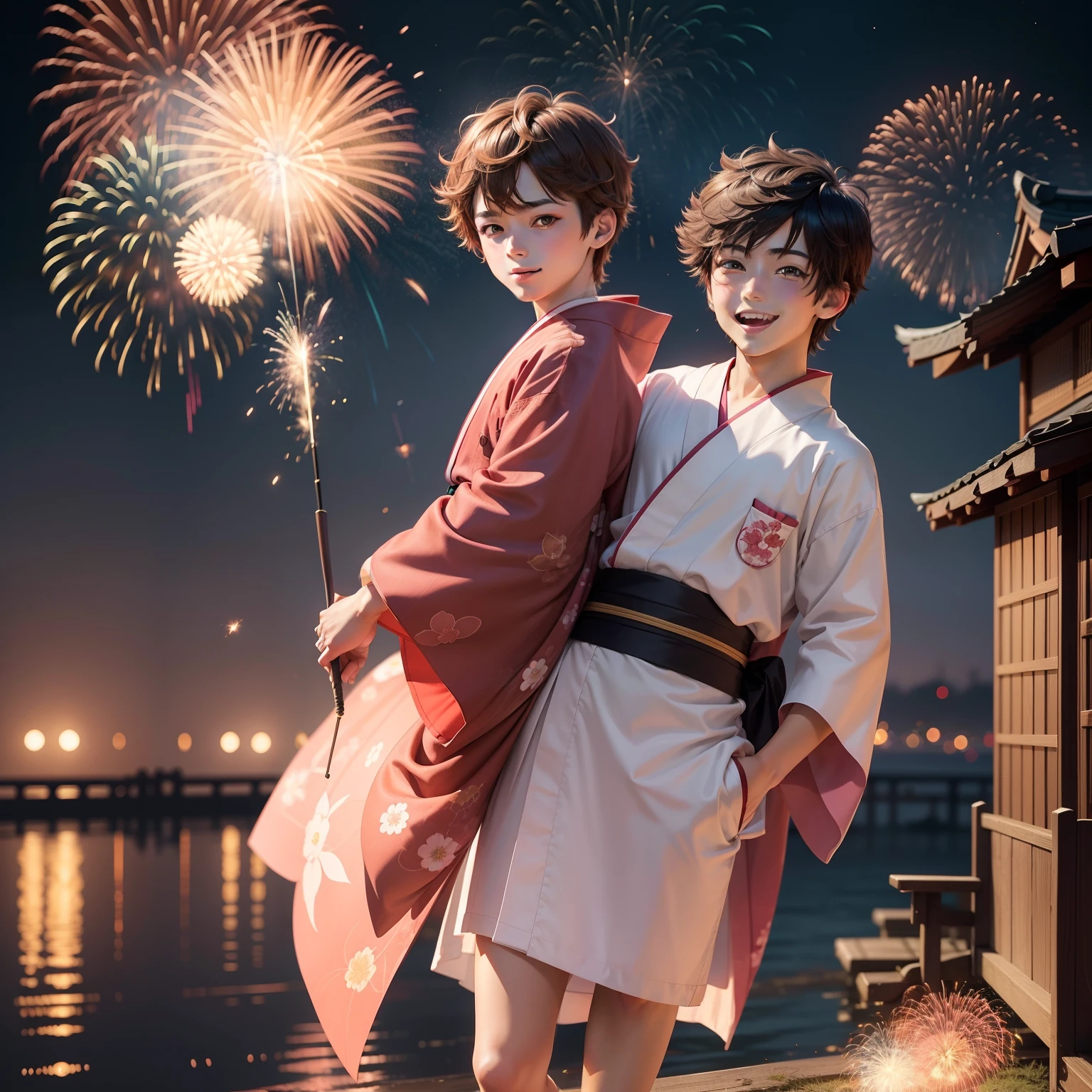 Anime boys,Age 15,with short brown hair,Big pink eyes,cute-style,Japanese kimono,The barefoot,Fireworks stick in hand,A big smile