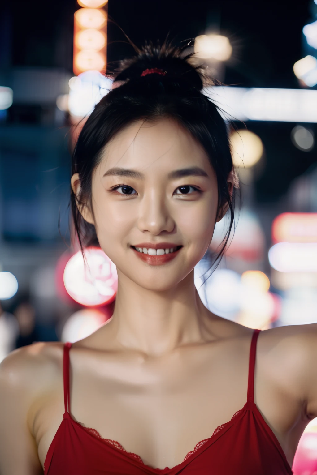 1girl, idol, model, depth of field, photo, film, face, skinny, smile, collarbone, teeth, movie, camisole, selfie, night,