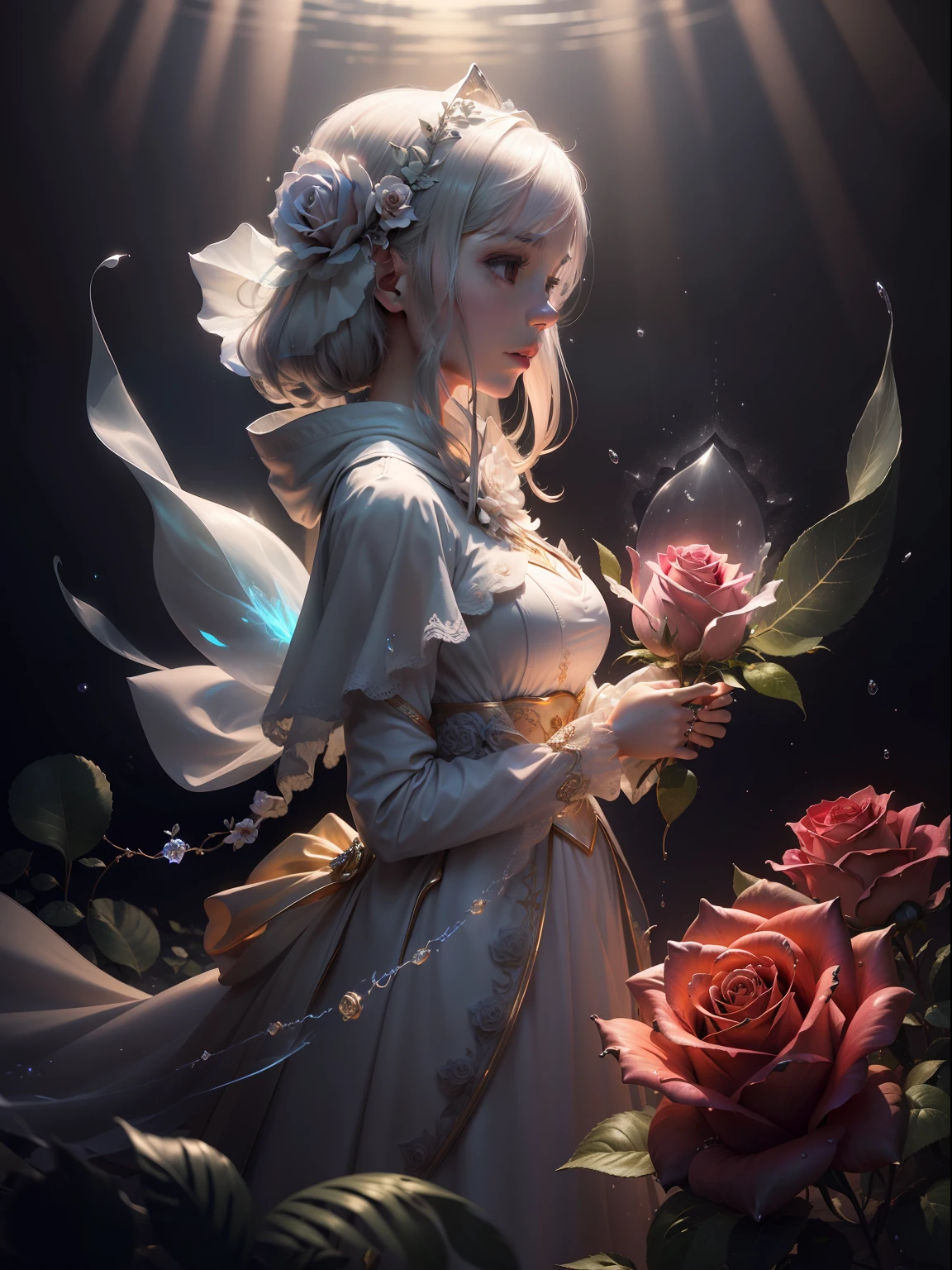 ((A rose flower)),  super transparent,  Holy Light,  beautiful spectral light, petals glow, flashes, Dark background, drops of transparent light, reflective light, Bright, light streaming in, optics, portrait profile, Sharp Focus, Magical, Convoluted, A hyper-realistic, Fantasy composition, light, Trending in art stations, pearls, patronus cloud of silvery vapor, corrosive enveloping ray family, 8K, ureal ar 23v4 uplight