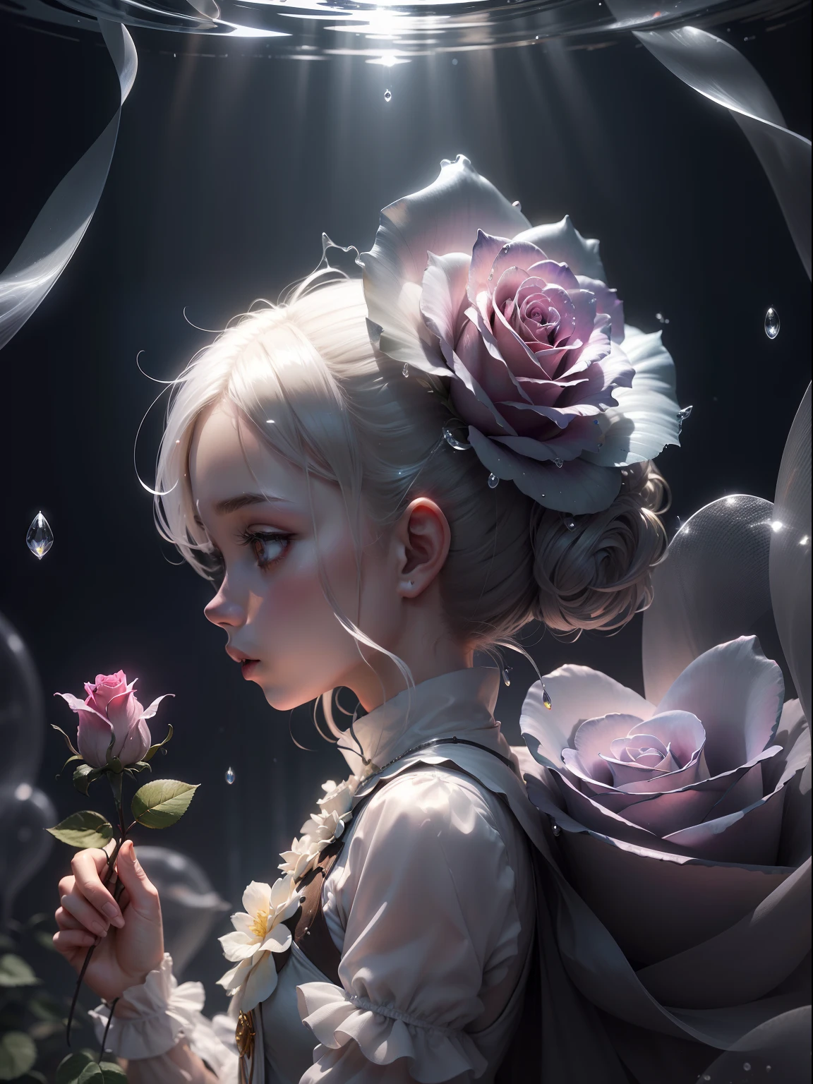 ((A rose flower)), super transparent, Holy Light, beautiful spectral light, petals glow, flashes, Dark background, drops of transparent light, reflective light, Bright, light streaming in, optics, portrait profile, Sharp Focus, Magical, Convoluted, A hyper-realistic, Fantasy composition, light, Trending in art stations, pearls, patronus cloud of silvery vapor, corrosive enveloping ray family, 8K, ureal ar 23v4 uplight
