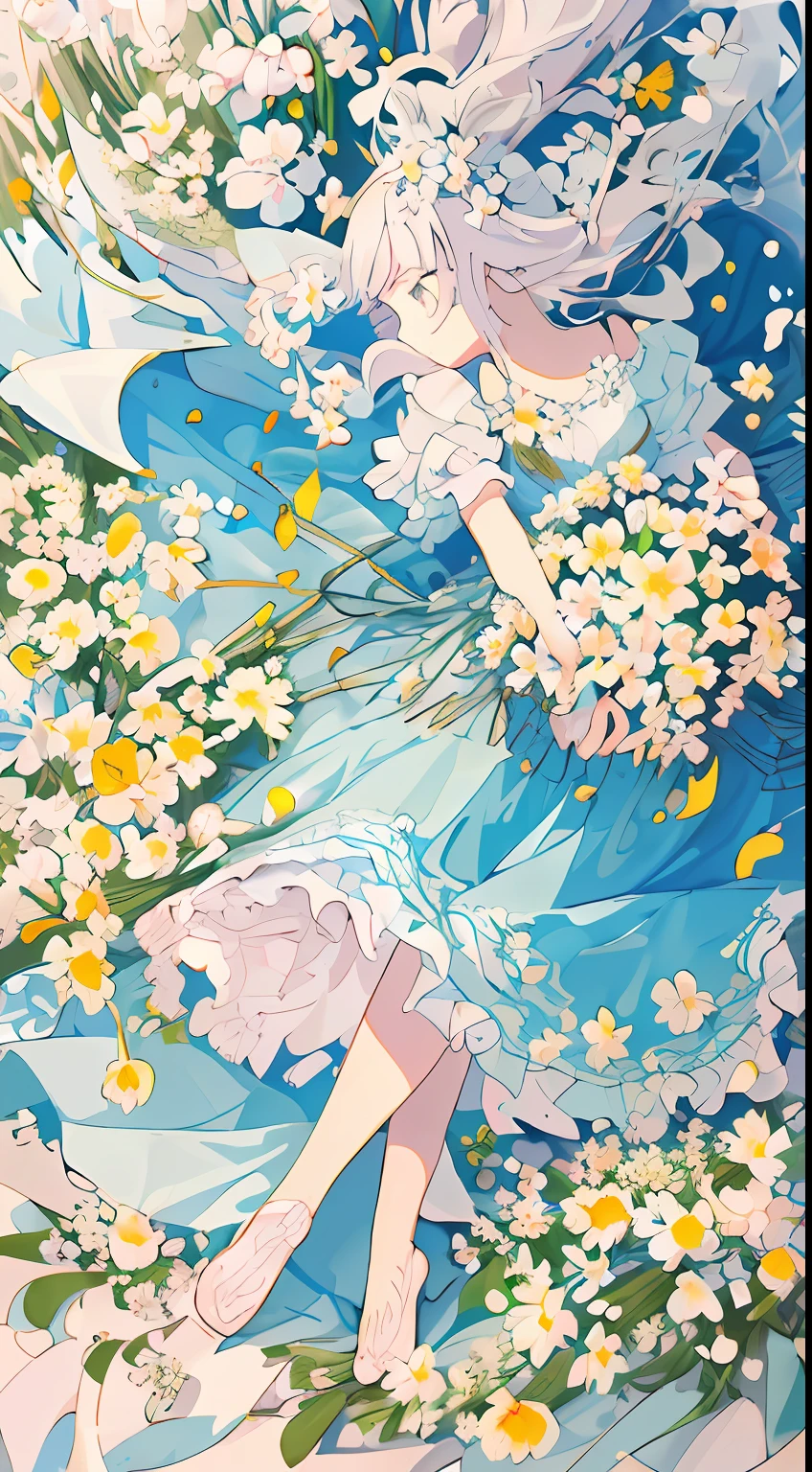 ((masterpiece,best quality)),(1girl, solo:1.4),negative space:1.3,from above,beautiful detailed eyes, vivid, cloudy sky, flower, anemone \(flower\), daffodil, hyacinth,falling petals,sanshoku dango, hanami, picnic, incoming kiss, incoming hug,