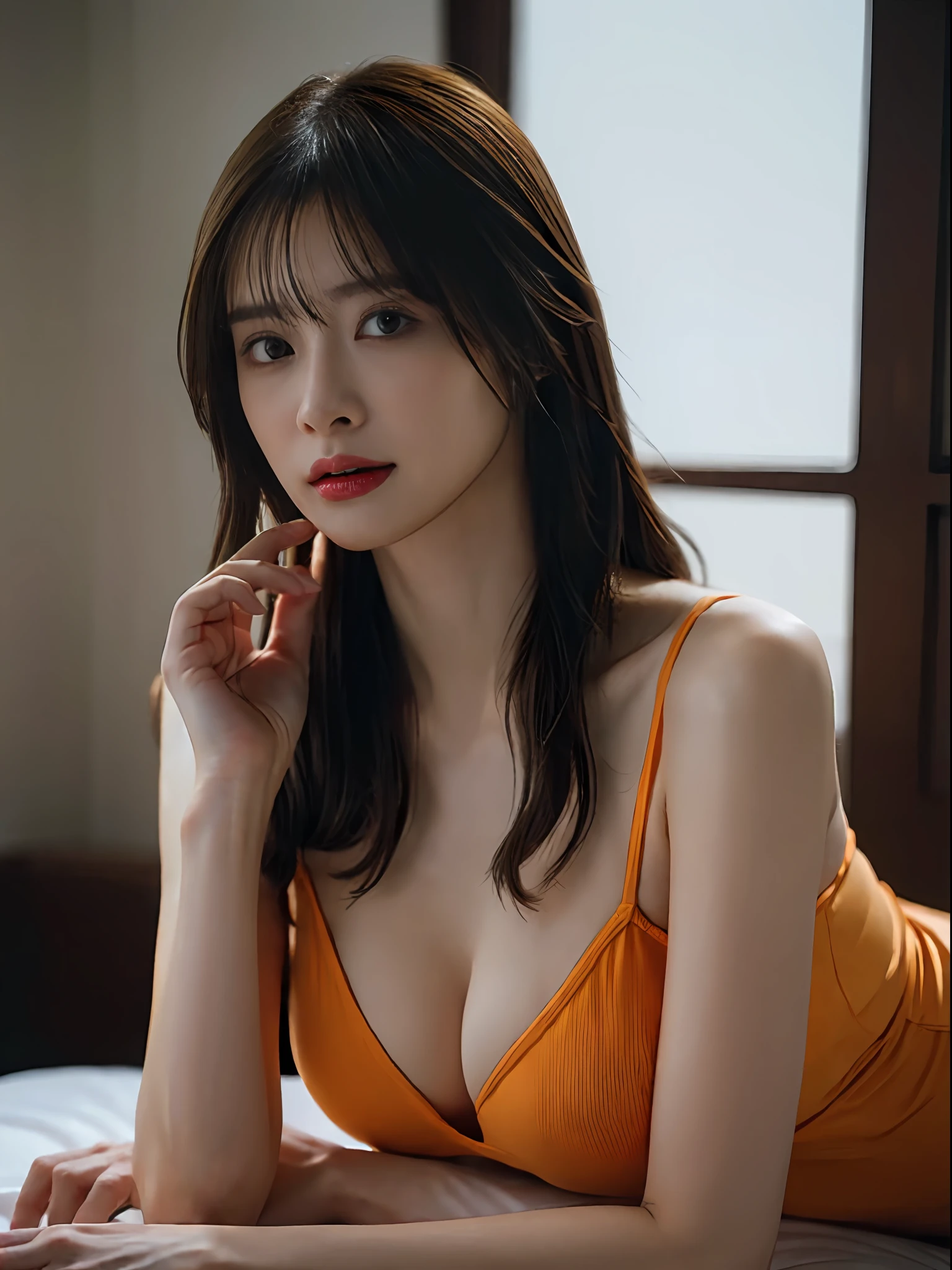 ((top-quality、8K、masuter piece:1.3))、1 female、 Beautiful girl emphasizing slender abs:1.3、 爆乳:1.2、 Pose Seductive、 full bodyesbian、 Sexually seductive facial expressions、 Open your crotch、 that are about to spill、 Underwear、 Gorgeous orange underwear、 Exposed cleavage、 Tback panty、 all-fours、 are visible、 Cinematic lighting、 hyperdetailed face、 High detailed lips、 A detailed eye、 二重まぶた、