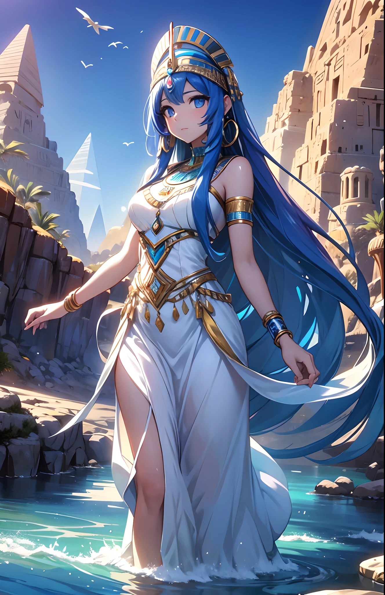 best qualityer,tmasterpiece,Ultimate resolution,downy,Extremely colorful,Colorful,Oasis background,Ancient Egyptian woman,Long azure hair,a matural female,Long white dress in Egyptian style,a white long skirt,Treading water,Desert oasis,Nile River,Normal posture