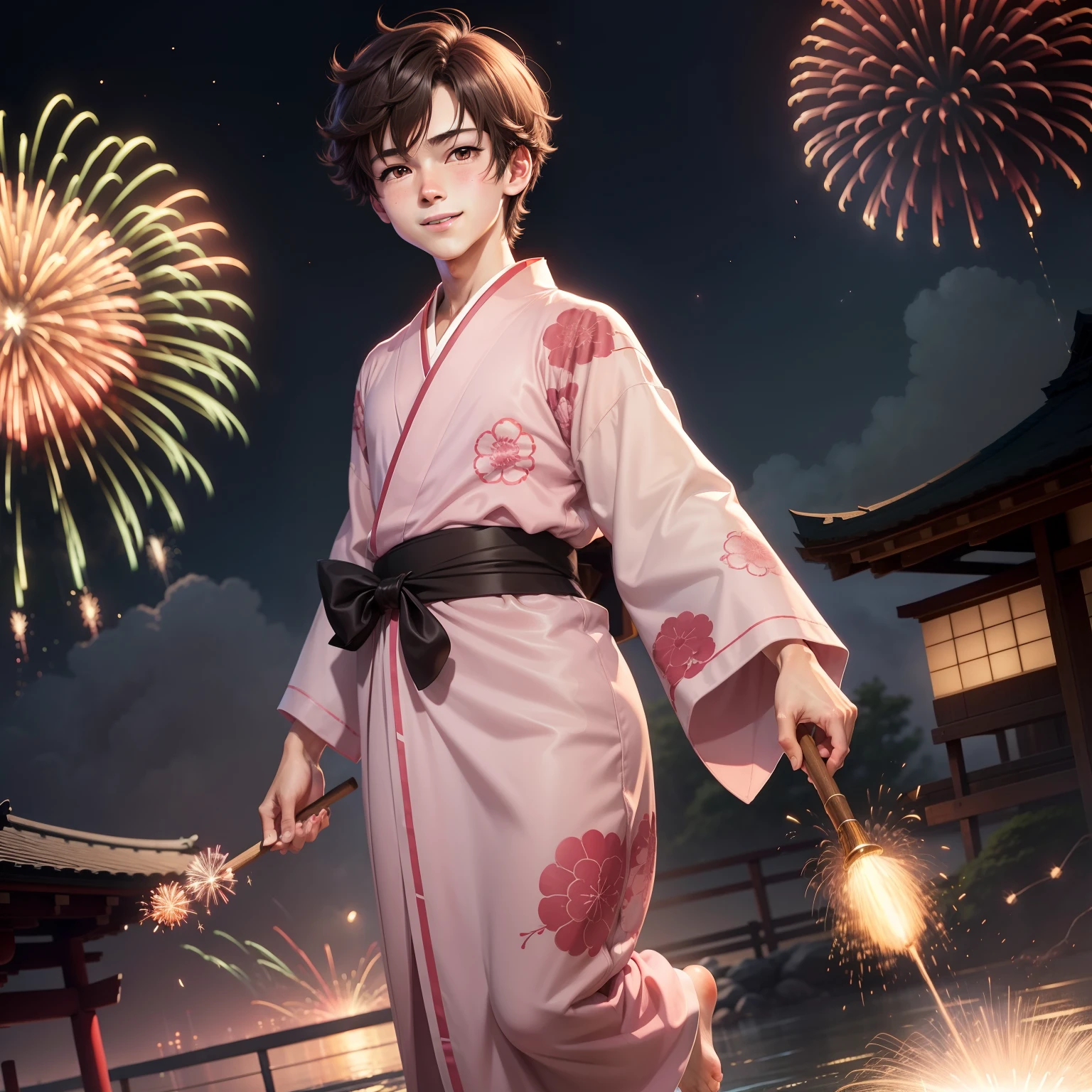 Anime boys,Age 15,with short brown hair,Big pink eyes,cute-style,Japanese kimono,The barefoot,Fireworks stick in hand,A big smile