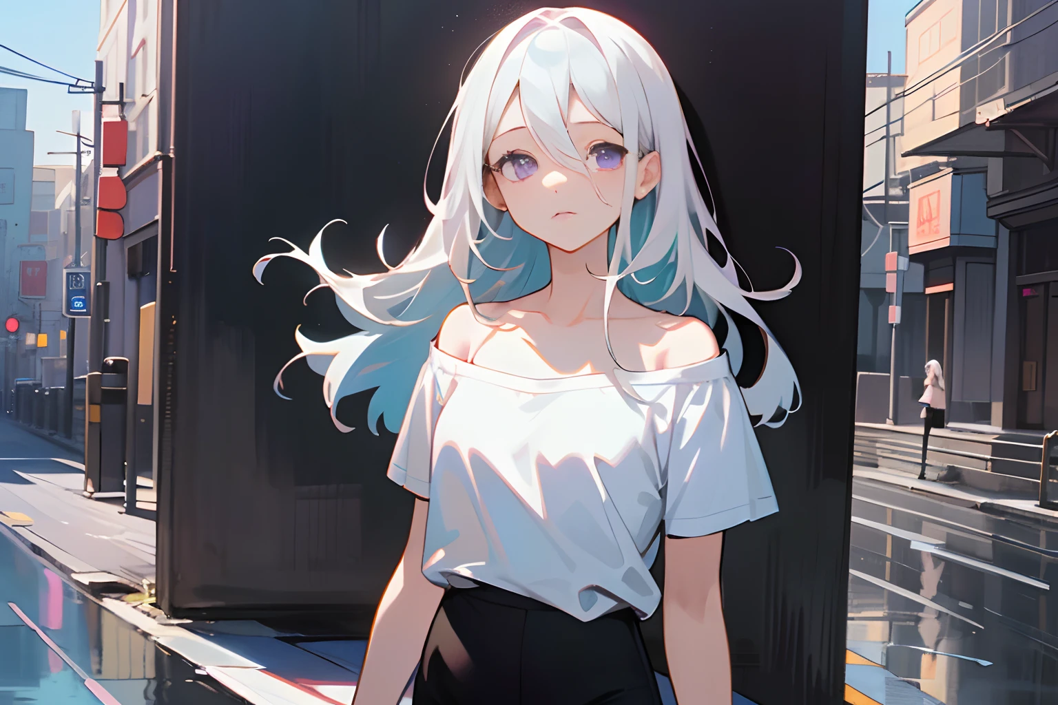 ((a woman)), sexy figure, ((white round neck off-the-shoulder T-shirt: 1.2)), ((shoulder-length white hair: 1.21)), ((purple eyes)), ((thin eyes))(((black leggings: 1.21))), (very delicate and beautiful), ((night: 1.5)), ((walking on the road: 1.21)), (Masterpiece: 1.21), (Best Quality: 1.331), (Super Detailed), ((Excellent Illustration)), ((Delicate Face: 1.3)) (Anime Style: 1.3), Expressionless, Animme, (Reflection Light), ray tracing, Canon, anatomically correct, UHD, retina, super detail, high details, best quality, ((highres)), masterpiece, ccurate
