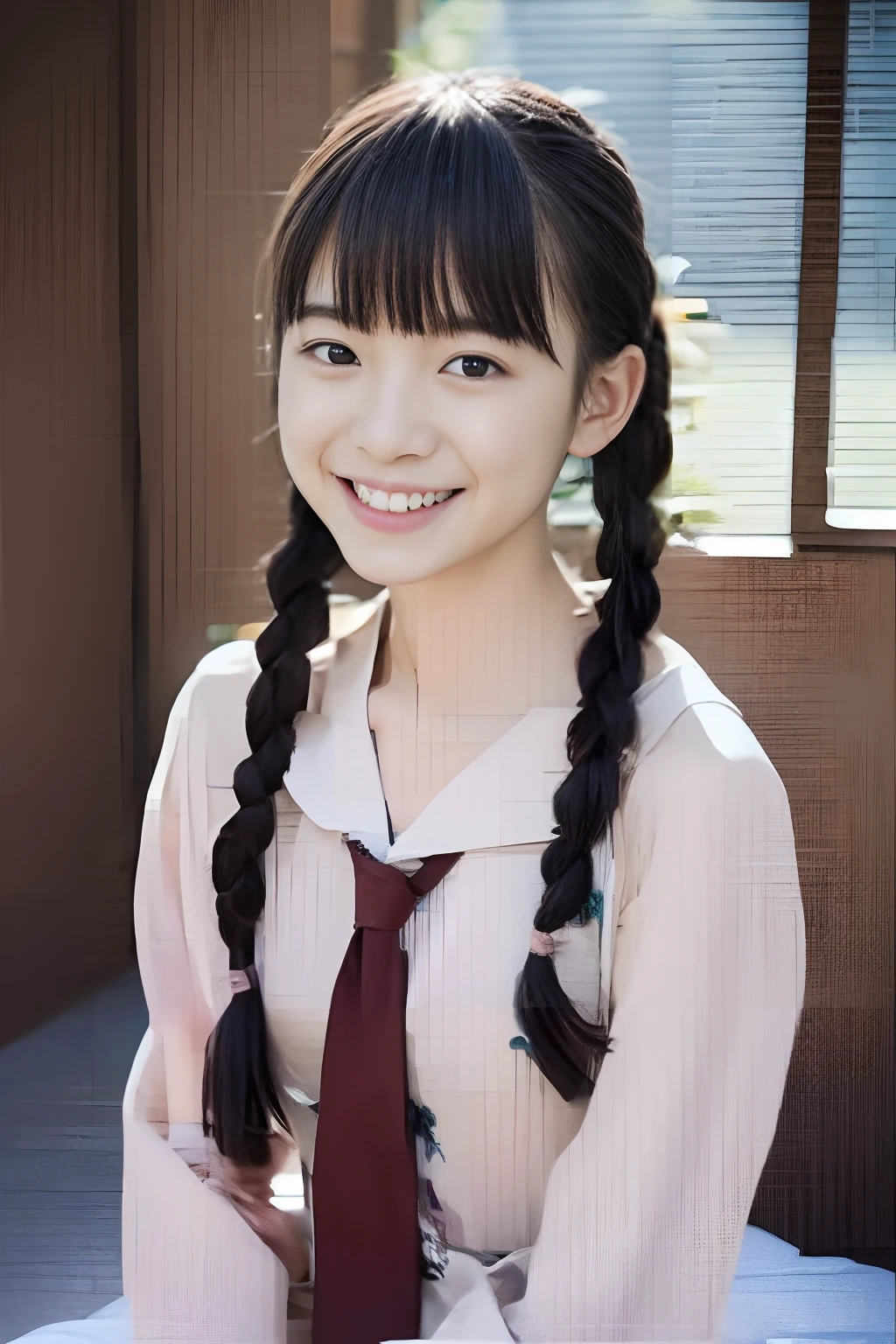 (japanese hight school uniform)、(Best Quality),(masutepiece:1.1), (Beautiful  Japan girl), Cute face, ((flat chest)), (Small breasts), (Chiseled face:0.7), (hitornfreckles:0.6), Cute lips, Dramatic Lighting, Dynamic lighting, {Smile|Smile|Happy|Laugh|}, {beautiful thigh|}, Junior highs, in a school、‎Classroom、Braids、