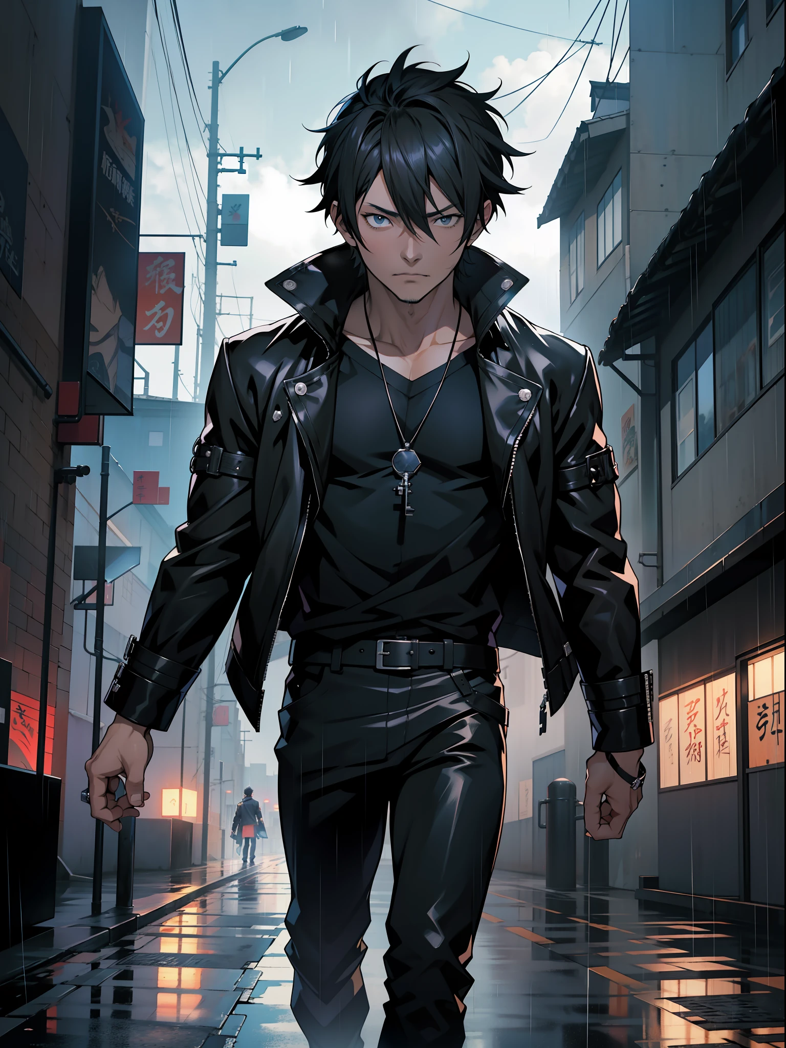 Anime man standing in the rain wearing a black leather jacket, inspirado em Okumura Masanobu, Kazuto Okada。, nobutaka ike, Badass anime 8 K, Anime handsome man, Anime portrait of a handsome man, anime concept hdr anime macmanus, Key anime art, male anime character, inspired by Yamagata Hiro