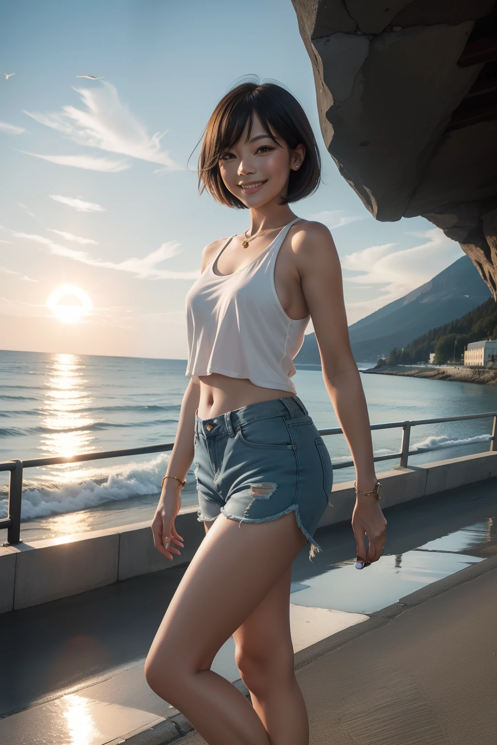 High resolution, Dawn by the Sea, Sun Road, A flock of gulls, Fair-skinned woman, bob cuts, Summer clothes, Tank Tops, Shorts, stiletto heels, Smile、face facing front