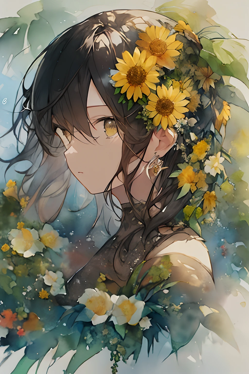 (aquarelle:1.2),1girl in, 独奏, florals, Sun flower、portraitures, fronds, bangss, signed, yellow flower, brown haired, length hair, verd s eyes, hair between eye, Flower earrings