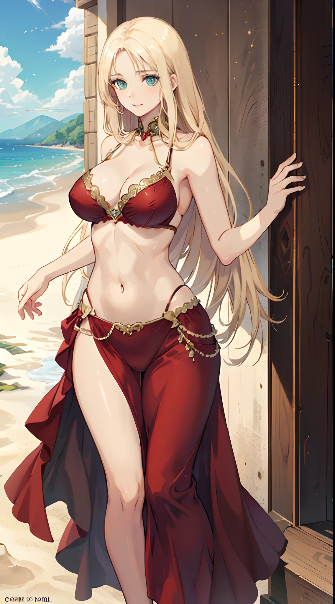 blonde hair, long hair, green eyes, with slender legs and an enticing beach pose, wearing a elegant red gown that shows off her navel, resembling an Arabian belly dancer. She has a short trimmed skirt and her flowing blonde hair is styled in a side ponytail. Her captivating blue eyes exude happiness, while her outfit highlights her alluring , happy