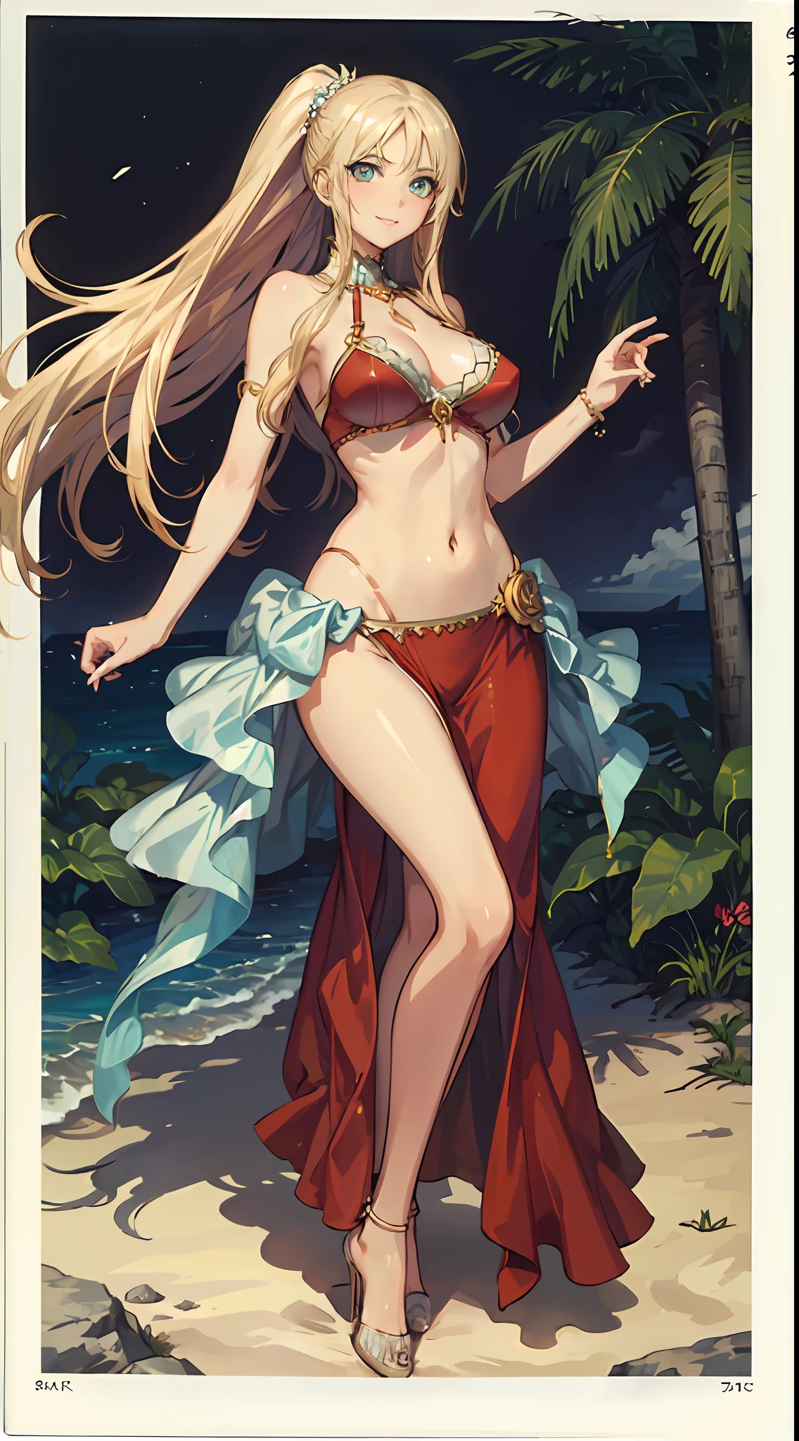 blonde hair, long hair, green eyes, with slender legs and an enticing beach pose, wearing a elegant red gown that shows off her navel, resembling an Arabian belly dancer. She has a short trimmed skirt and her flowing blonde hair is styled in a side ponytail. Her captivating blue eyes exude happiness, while her outfit highlights her alluring cleavage, happy