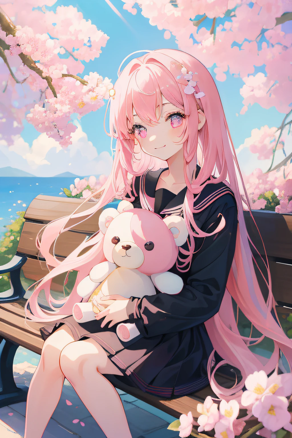 masterpiece, high quality, A beautiful girl, anime style girl, pink eyes, long pink hair, straight hair, wearing black sailor uniform, smiling, sitting on the bench, bright, clear sky, with trees, with flowers, holding bear stuffed toy, 8k, super detail, masterpiece, high quality, high resolution, high detail, face detail, happiness, HD quality
