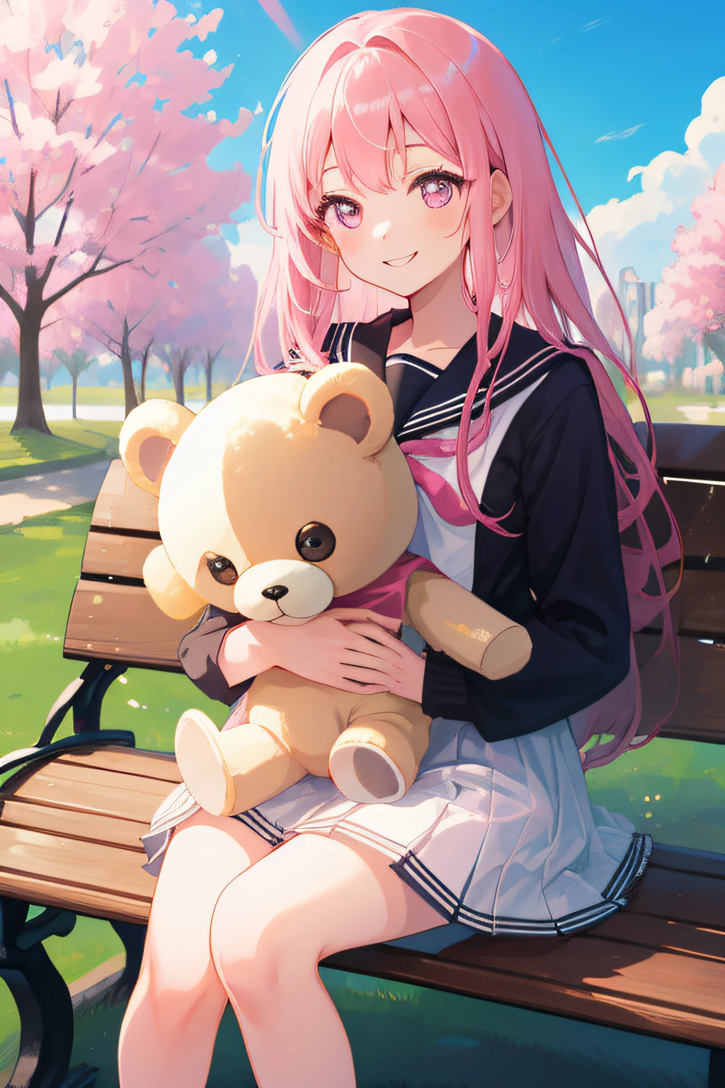 masterpiece, high quality, A beautiful girl, anime style girl, pink eyes, long pink hair, straight hair, wearing black sailor uniform, smiling, sitting on the bench, bright, clear sky, in the park, holding bear stuffed toy, 8k, super detail, masterpiece, high quality, high resolution, high detail, face detail, happiness, HD quality