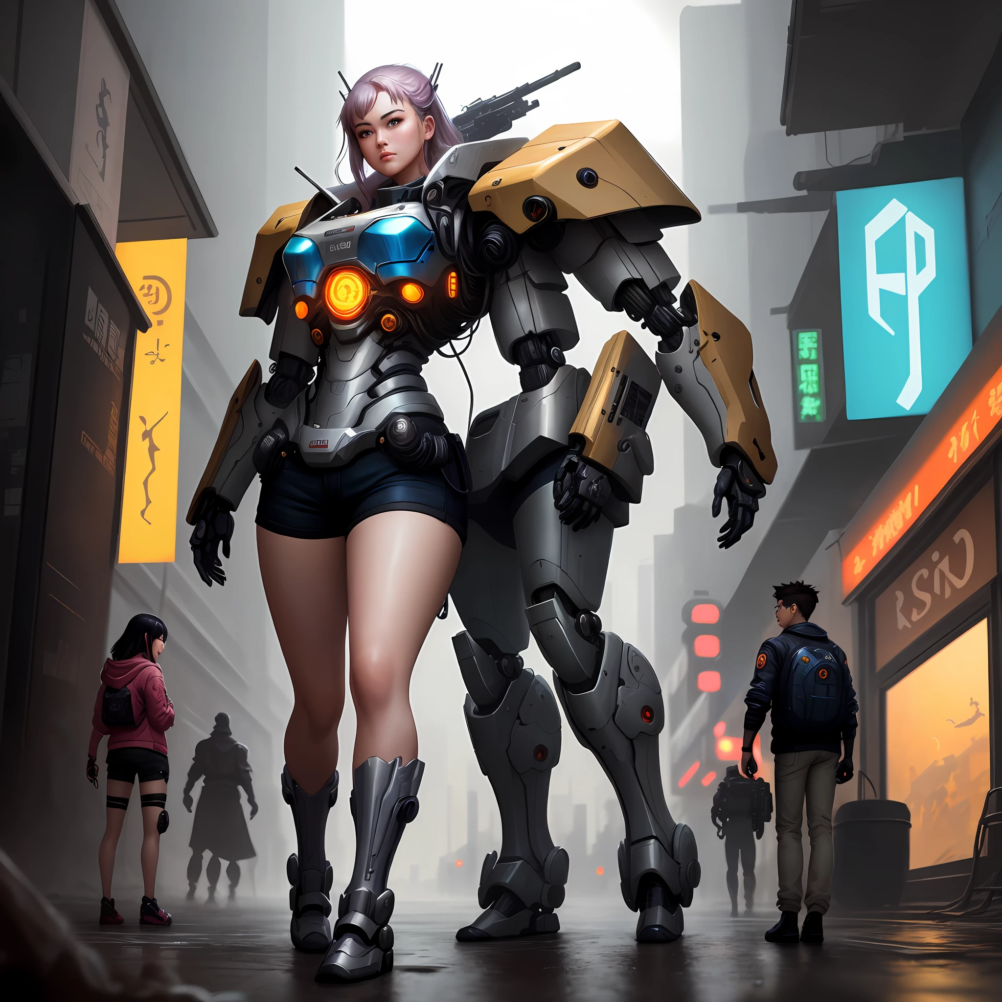 Boutique,best quality,Gold jewelry,(slip out feet),Fairy skin,(Fidelity :1.2),Standing,Super Detailed,realistic,High quality,Movie Light,Ray tracking,Ultra HD,Upper body
Girl in shorts and jacket standing next to giant robot, Guweiz style artwork, CyberPunk mech, Trends on CGSTATION, Guweiz, Russell Dongjun Lu, digital cyberpunk anime art, Ross Tran 8 K, Guweiz on ArtStation Pixiv, Girl in mecha network armor