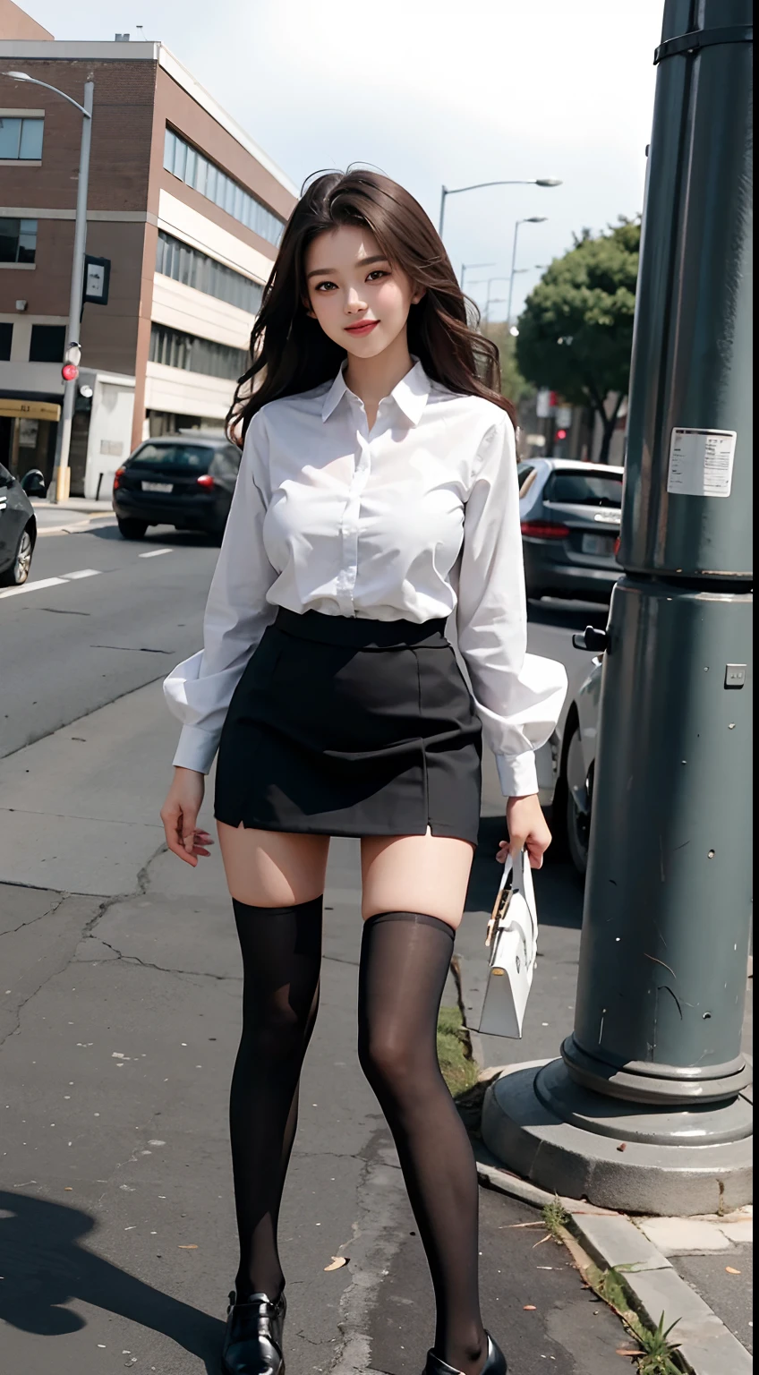 8K, Best quality at best, full-body portrait, Gorgeous Face, Pretty face, -yeld fee, Slender body type, OL Uniform, Office clothes, black tights, outdoor scene, Super mini skirt, Sorrisos, large full breasts, The legs spread slightly apart.