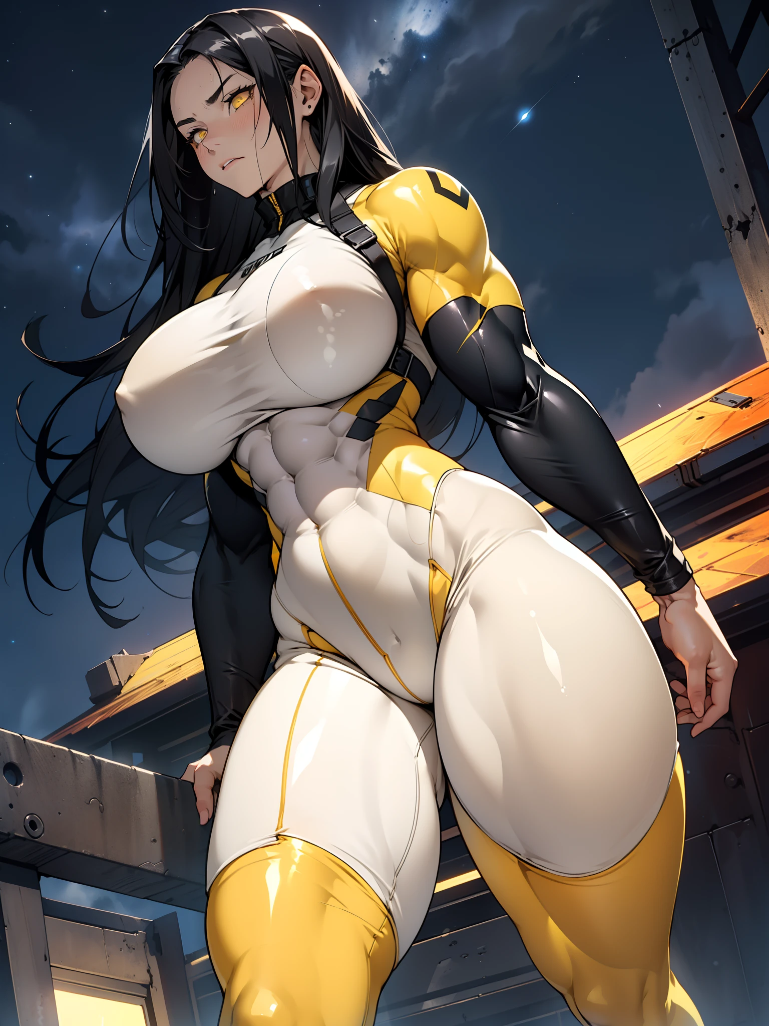 ((1girl)), black hair, (extremely long hair), yellow eyes, ((((muscular)))), ((huge breasts)), ((thick thighs)), solo, (longing expression), (pale skin), sweaty, (shiny skin), ((((skintight)))), (night sky)