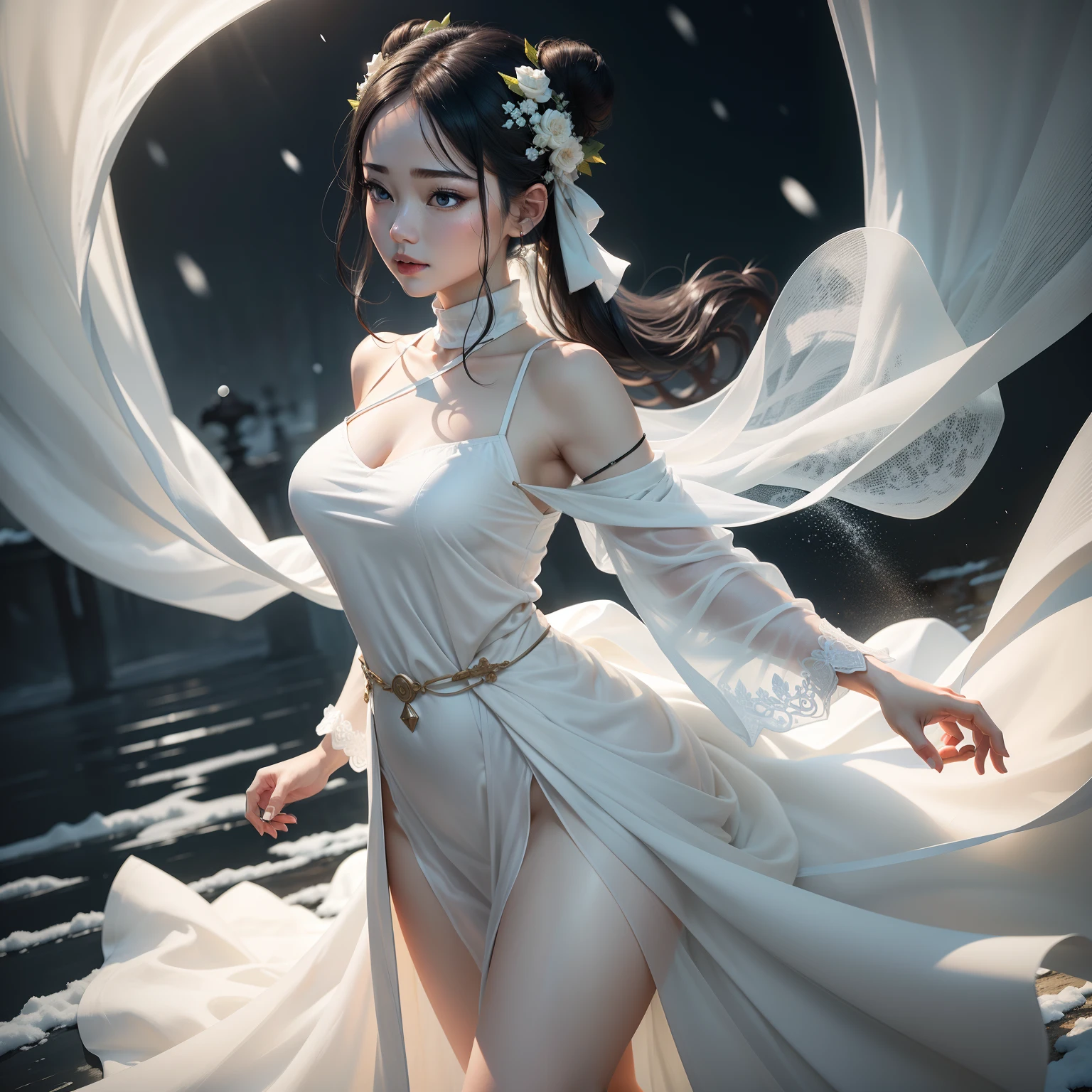 A white coat of snow,I wore a long white low-cut dress underneath,The outer cover is a white silk light tulle,A white jade belt is tied around the waist,Her black hair was in a flowing bun,Eyes like water,Ten fingers,Skin like curd,The whole person is like a fairy in ancient costume who walked out of the fairy palace。
