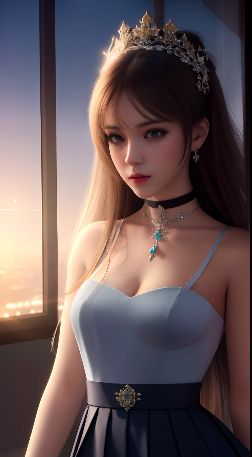 best qualtiy,tmasterpiece,A high resolution,1girl,Porcelain skirt,hair adornments,choker necklace,jewely,beautiful face,Physically,dingdall effect,realisticlying,dark studio,edge lit,twotonelighting,(highdetailskin:1.2),8k uhd, dslr, softlighting, high high quality, volumettic light, sneak shot, photore, A high resolution, 4k, 8k, Background bokeh,Wide-Angle, Ultra-Wide Angle, from side, atmospheric perspective