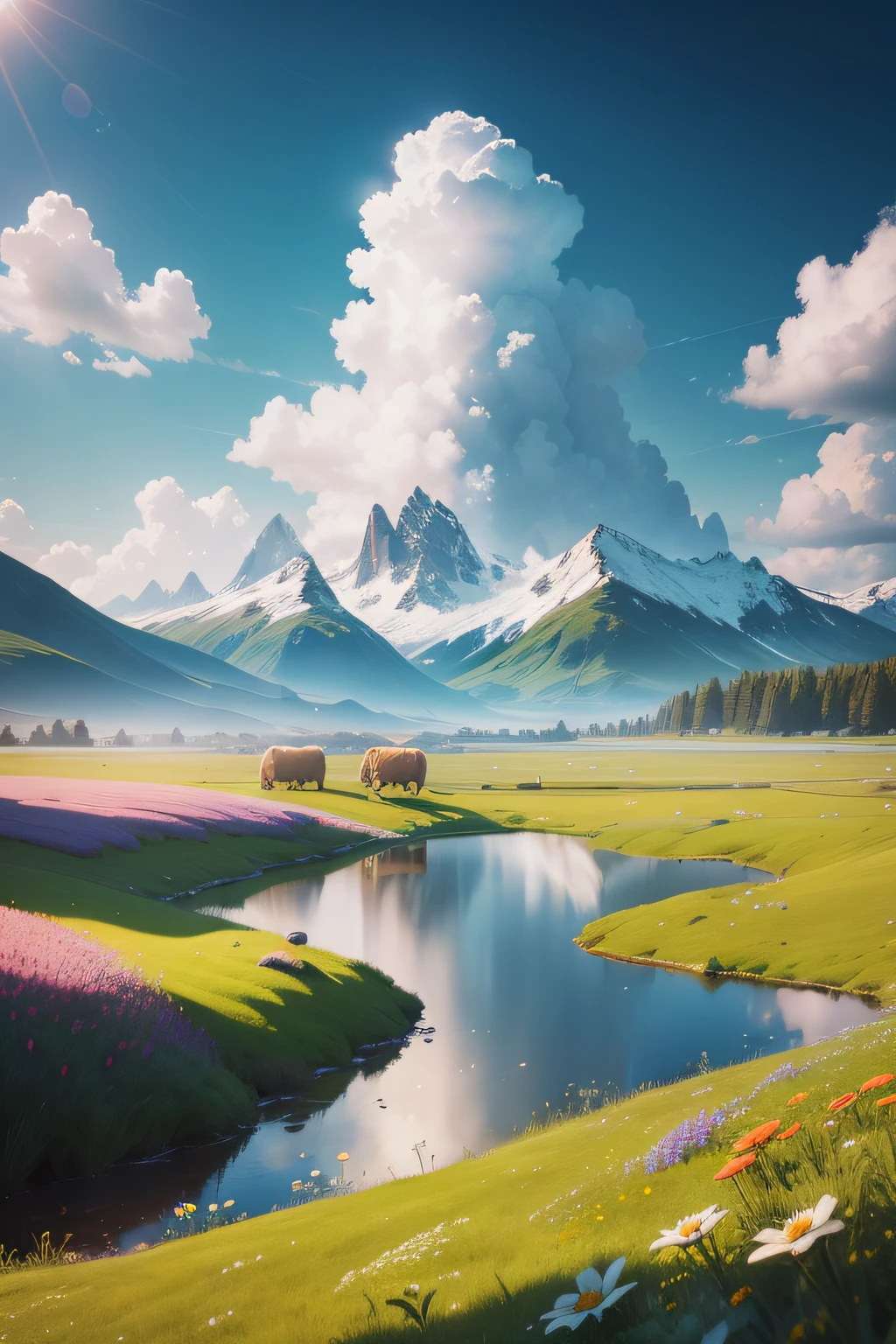 Summer, meadows, a few small flowers, clear lakes, sheep, heaven, large clouds, blue sky, hot weather, HD detail, hyper-detail, cinematic, surrealism, soft light, deep field focus bokeh, distant vistas are snowy mountains, ray tracing, and surrealism. --v6