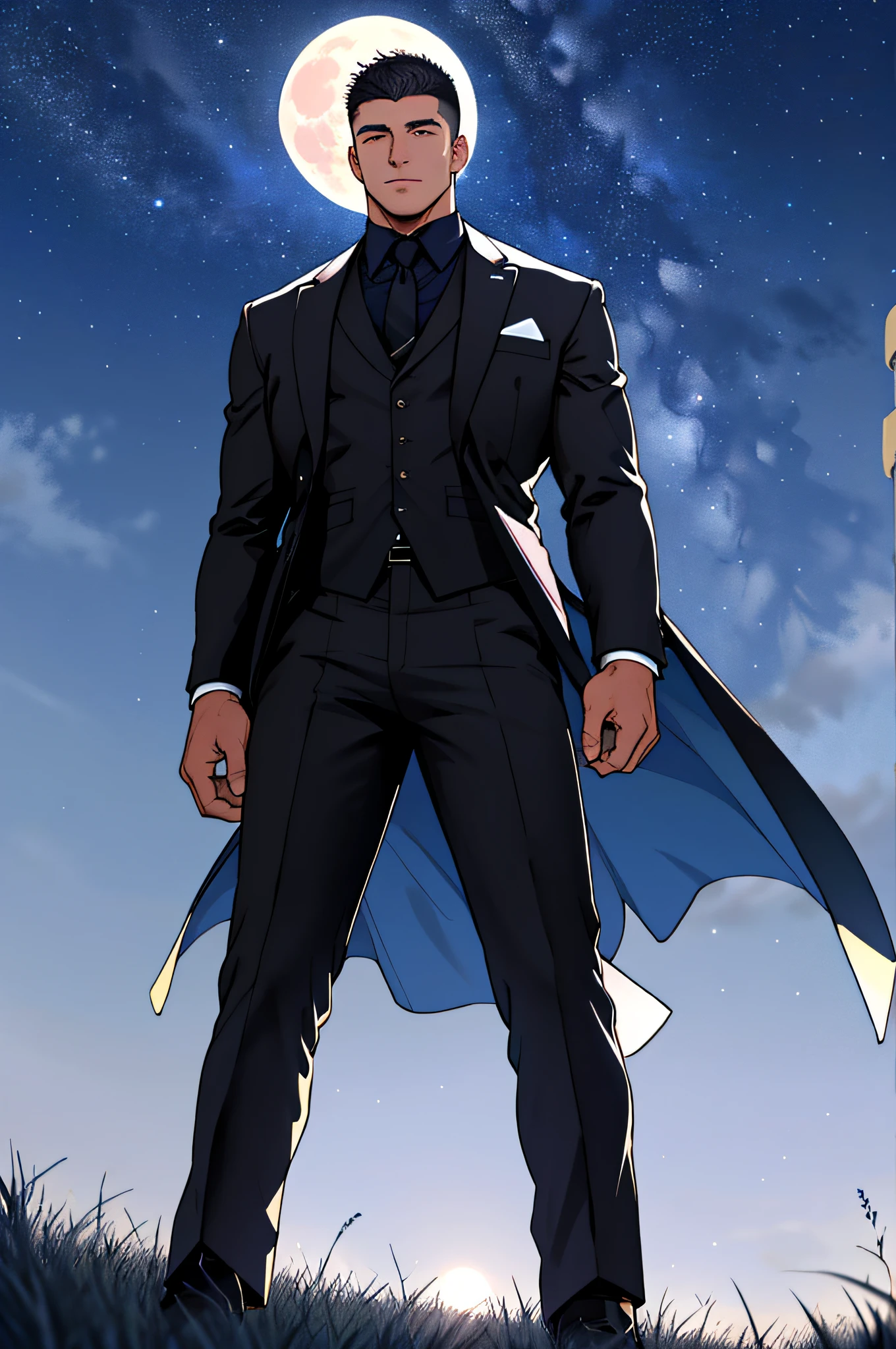 Draw a full-fledged footballer,Standing on the steppe at night,He wears a high-end suit,The man looks confident and determined,looking-down,Crew cut,full bodyesbian,Stars dot the sky,shooting from below,Big moon highlights background