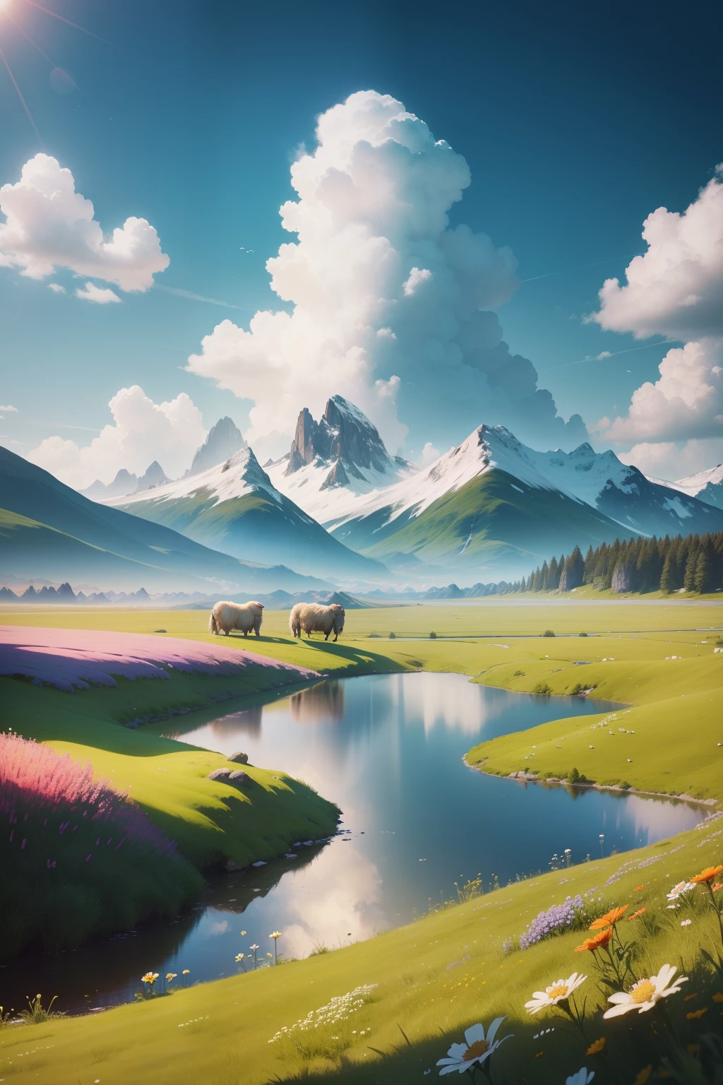 Summer, meadows, a few small flowers, clear lakes, sheep, heaven, large clouds, blue sky, hot weather, HD detail, hyper-detail, cinematic, surrealism, soft light, deep field focus bokeh, distant vistas are snowy mountains, ray tracing, and surrealism. --v6
