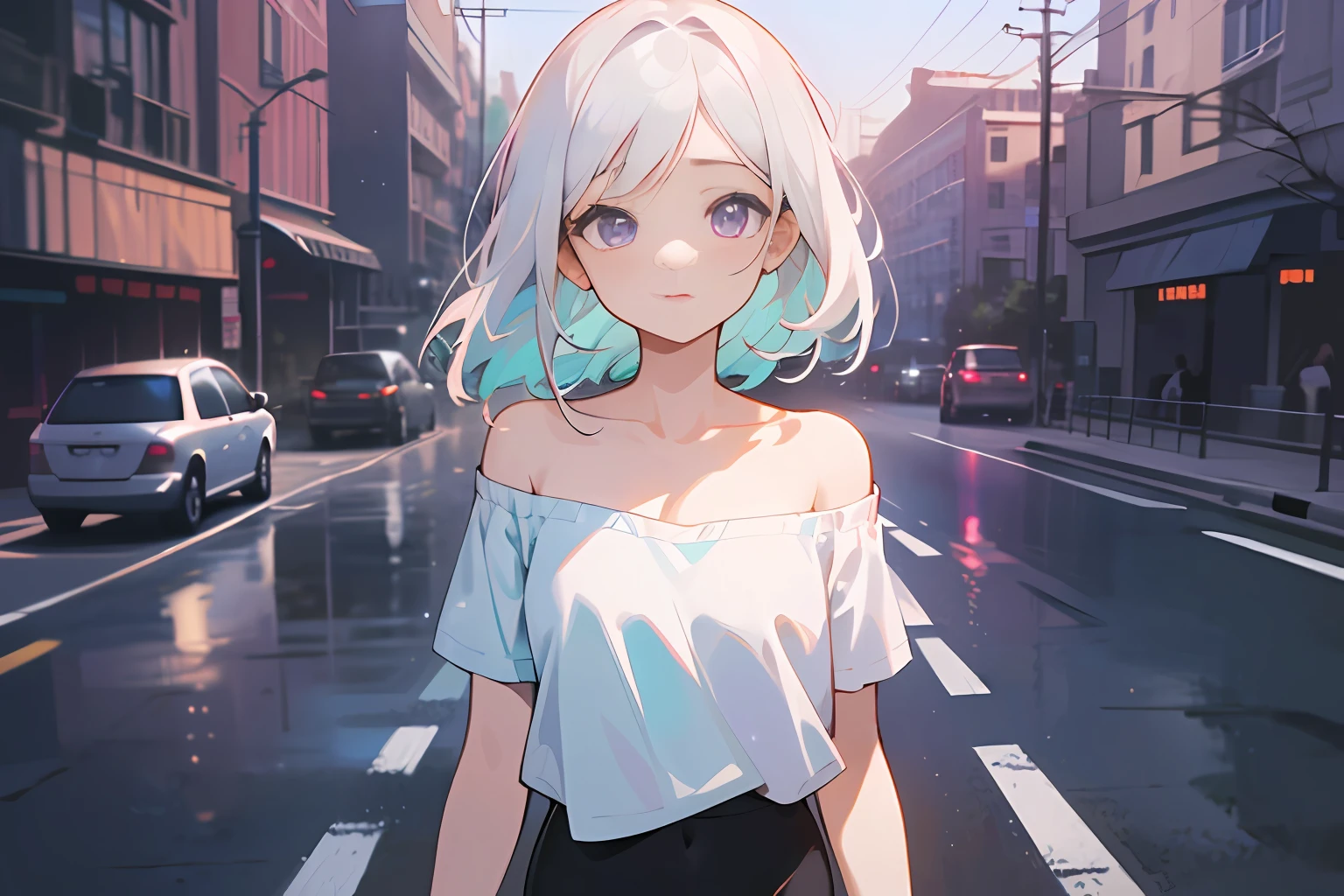 ((a woman)), sexy figure, ((white round neck off-the-shoulder T-shirt: 1.2)), ((shoulder-length white hair: 1.21)), ((purple eyes)), ((thin eyes))(((black leggings: 1.21))), (very delicate and beautiful), ((night: 1.5)), ((walking on the road: 1.21)), (Masterpiece: 1.21), (Best Quality: 1.331), (Super Detailed), ((Excellent Illustration)), ((Delicate Face: 1.3)) (Anime Style: 1.3), Expressionless, Animme, (Reflection Light), ray tracing, Canon, anatomically correct, UHD, retina, super detail, high details, best quality, （（highres））, masterpiece, ccurate